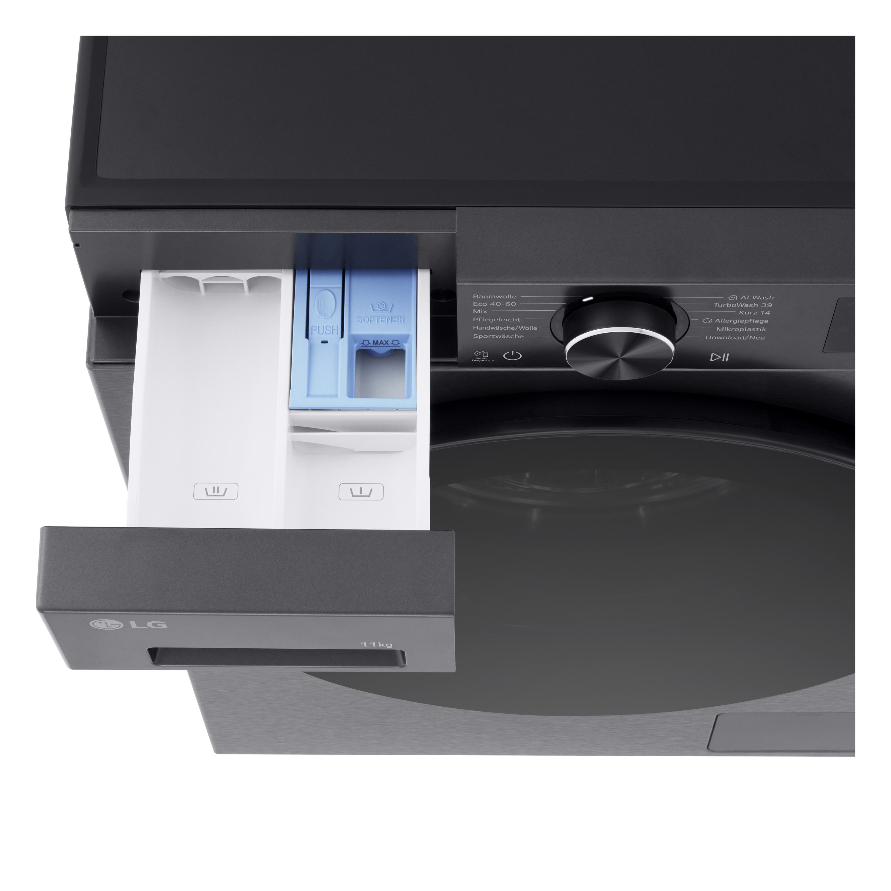 Eine Waschmaschine mit herausgezogener Schublade für Waschmittel und Weichspüler.