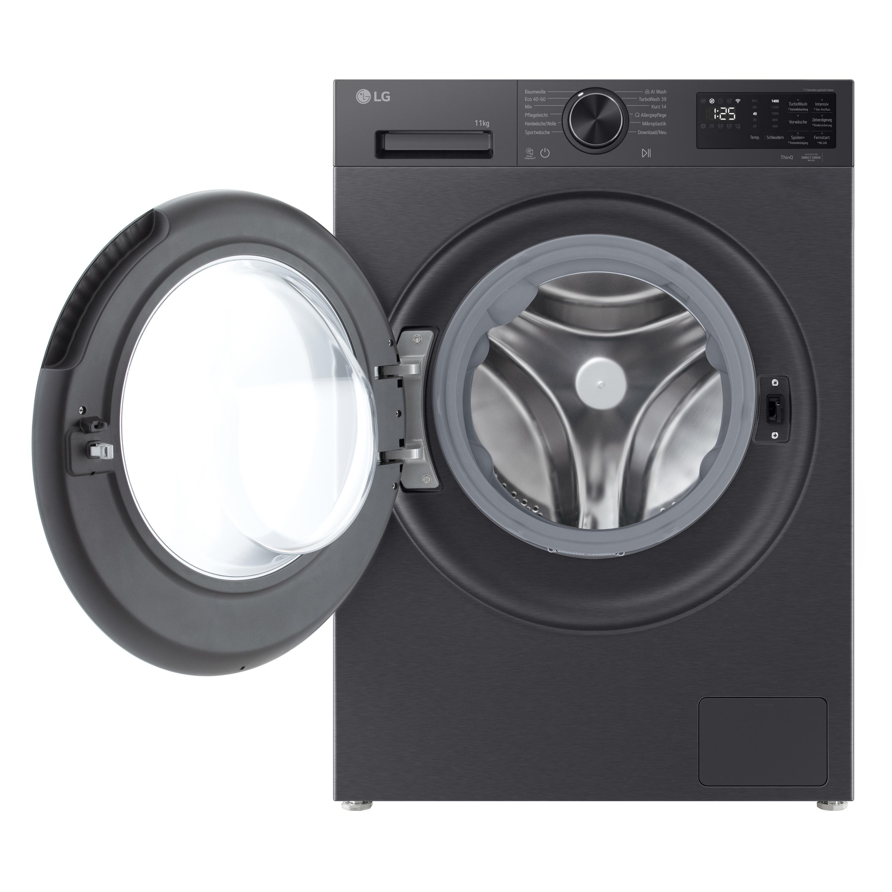 Eine graue LG Waschmaschine mit geöffneter Tür und Bedienfeld.