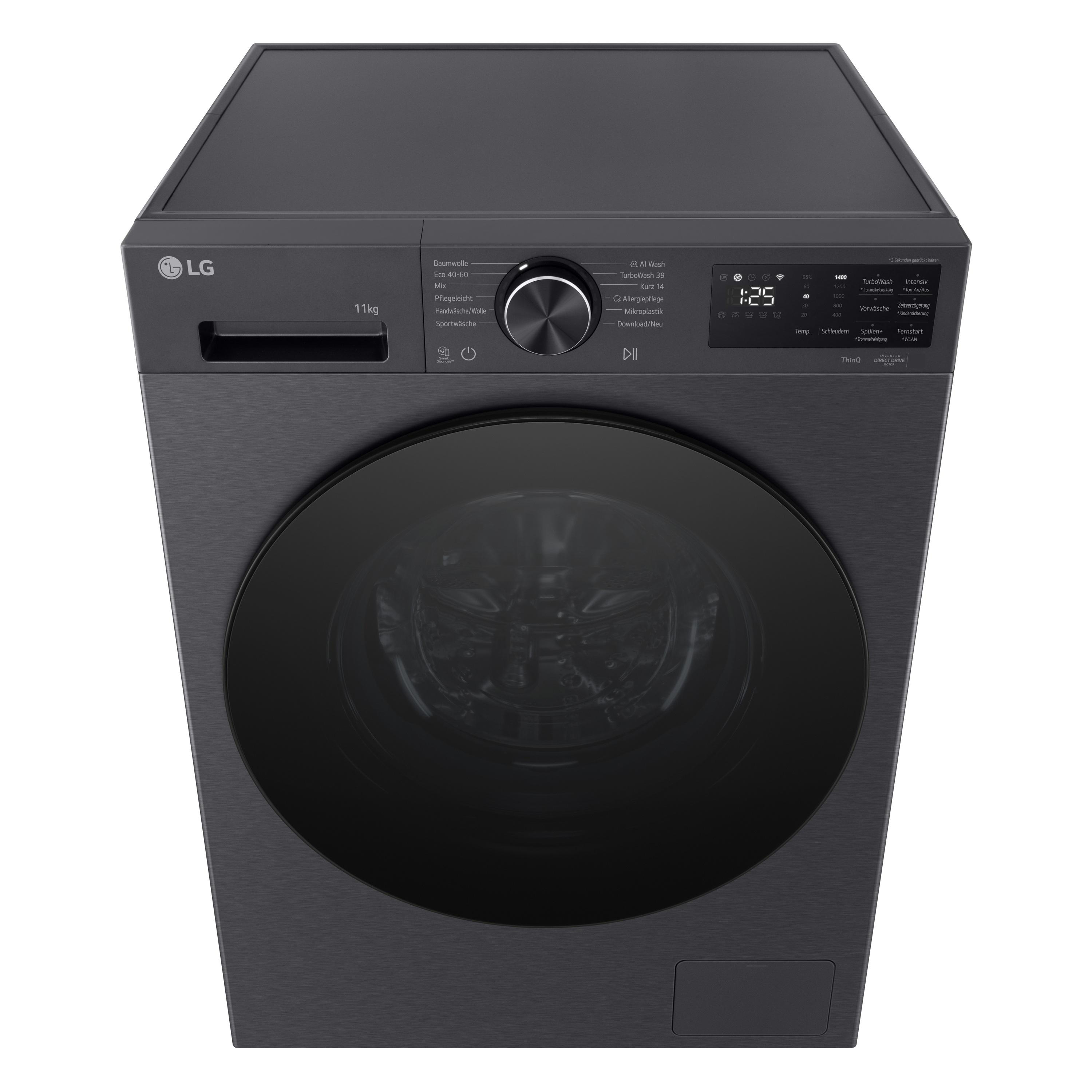 Dunkelgraue LG Waschmaschine mit Display und Drehrad. 11kg Kapazität.
