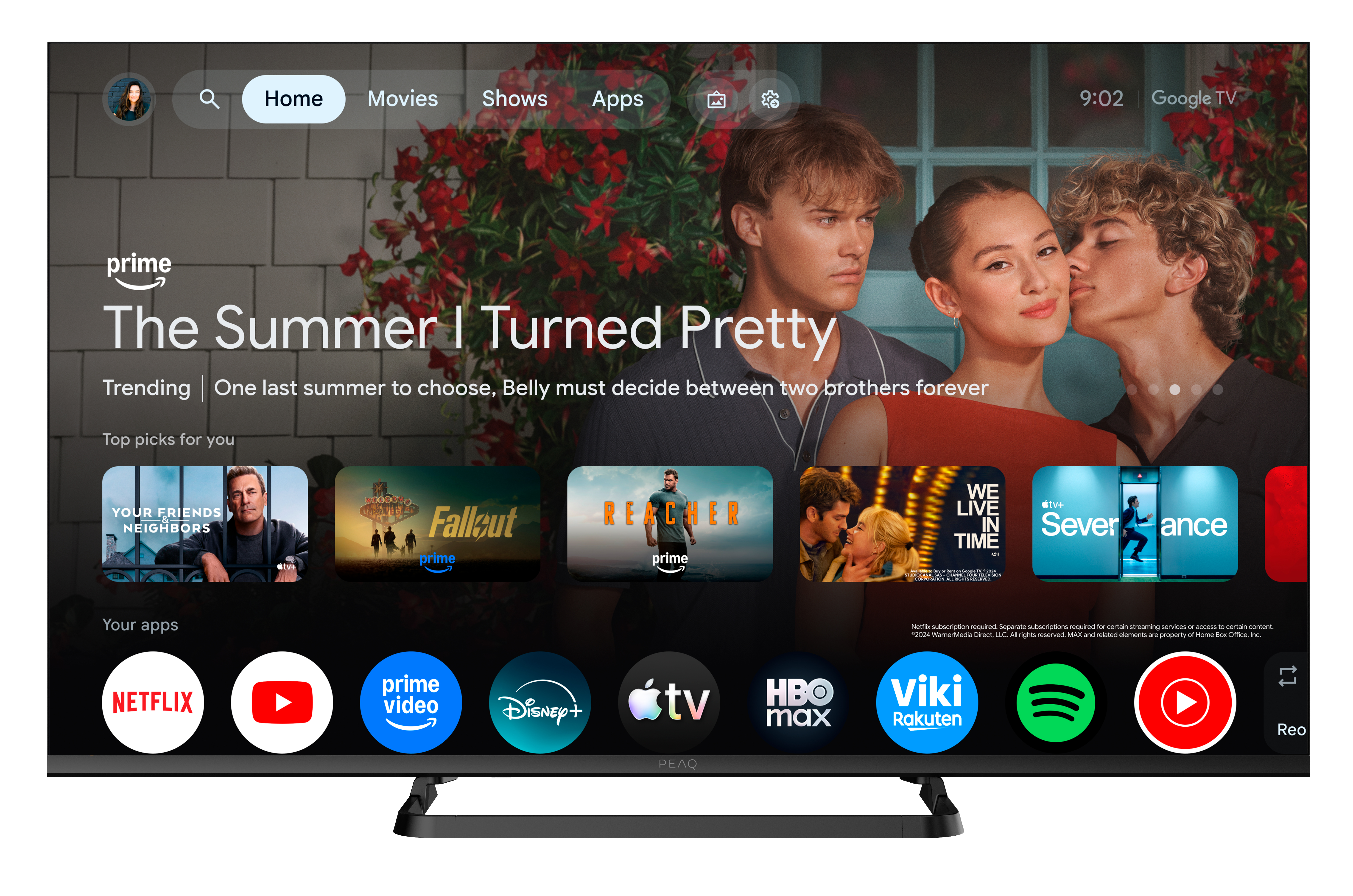 Una pantalla de TV muestra la interfaz de Google TV con películas y aplicaciones.