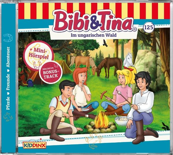 Vier Kinder und Pferde im Wald am Lagerfeuer. Bibi & Tina Cover.