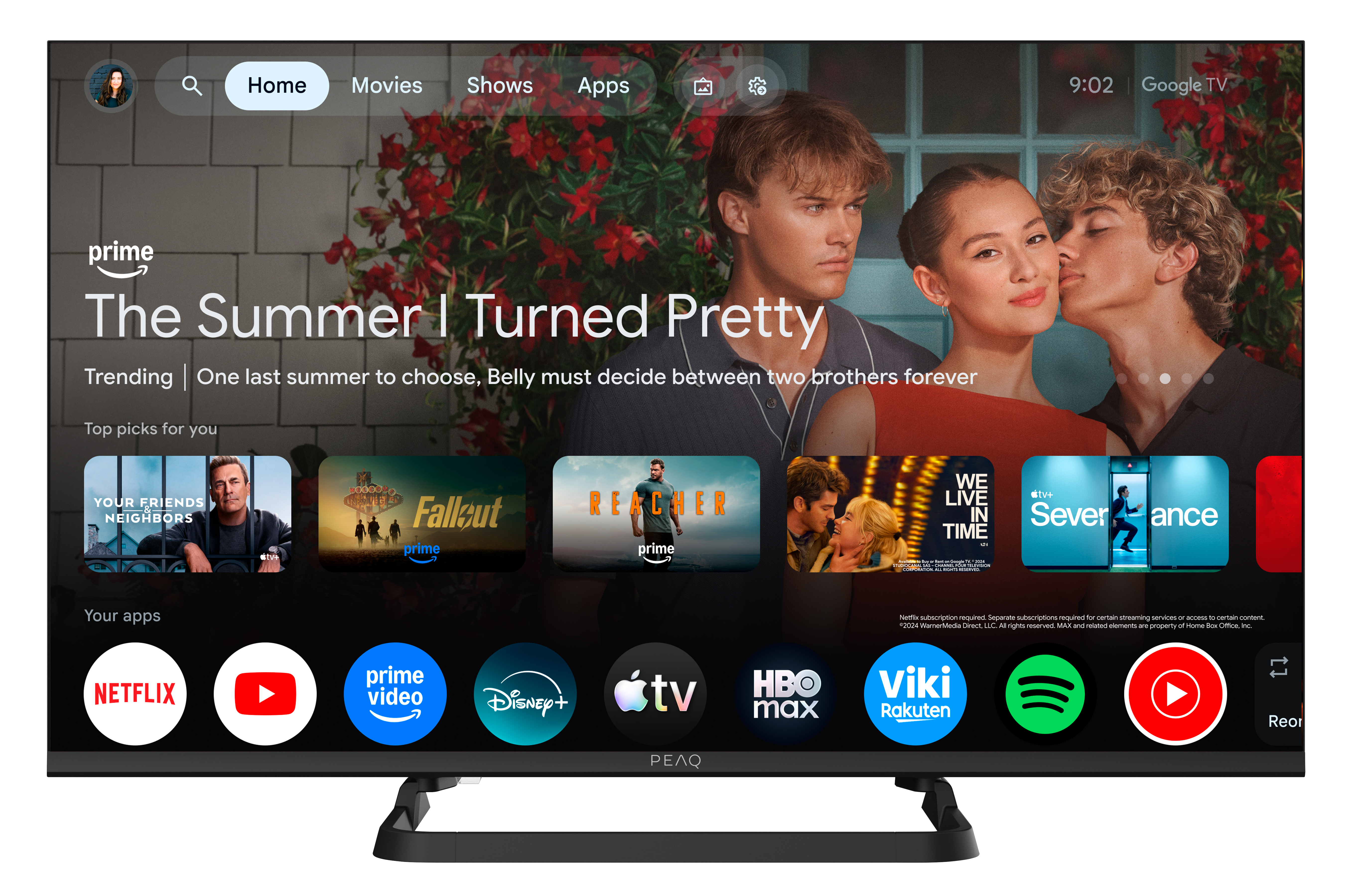 Ekran telewizora wyświetla interfejs Google TV z tytułami filmów i ikonami aplikacji.