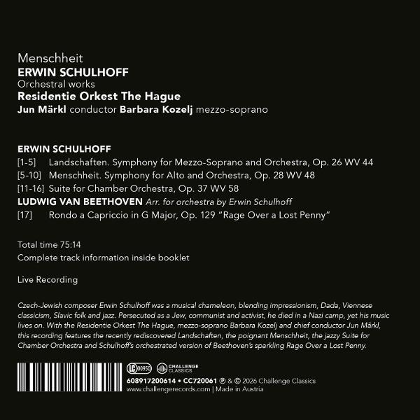 Albumcover mit Werkliste von Erwin Schulhoff und Beethoven, Orchester, Dirigent, Sängerin.