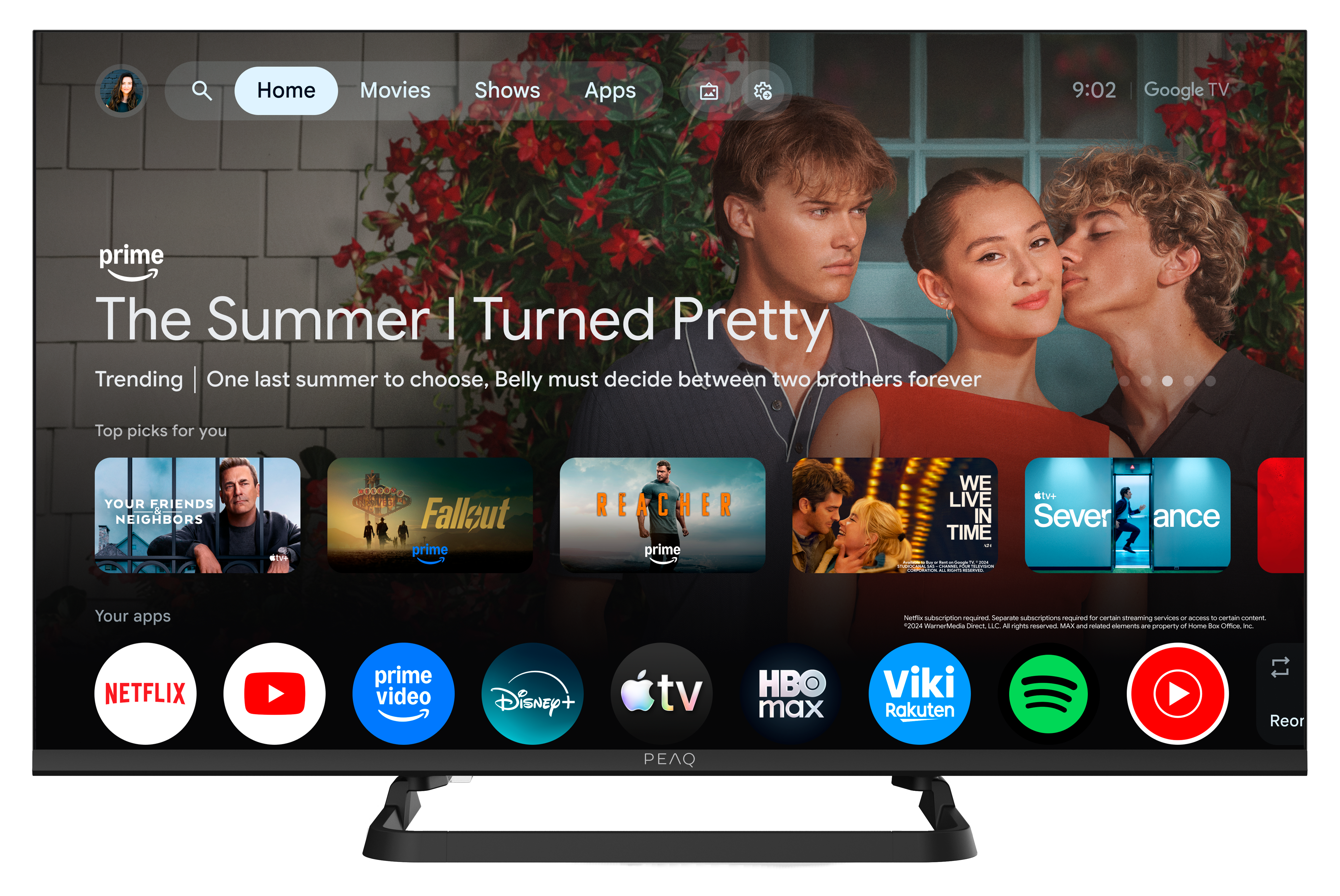 Ekran główny Google TV z zwiastunami filmów i ikonami aplikacji, takimi jak Netflix.