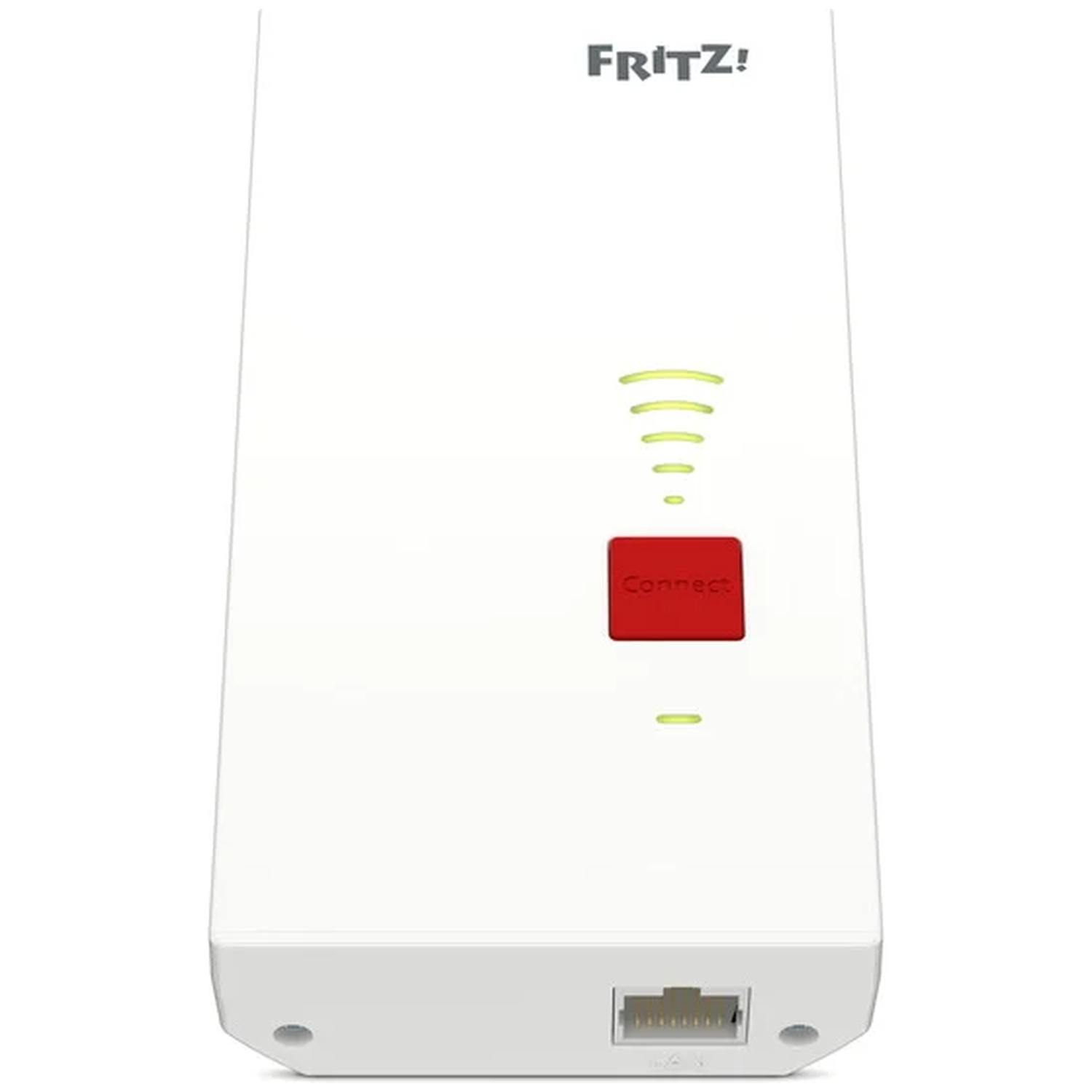 Appareil FRITZ!Box blanc avec bouton Connect rouge et port LAN.