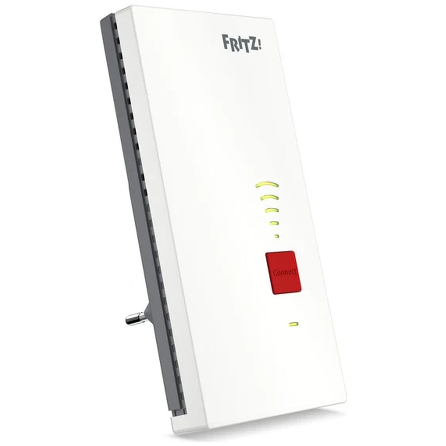 Un prolongateur Wi-Fi Fritz! blanc avec bouton Connect rouge et voyants.