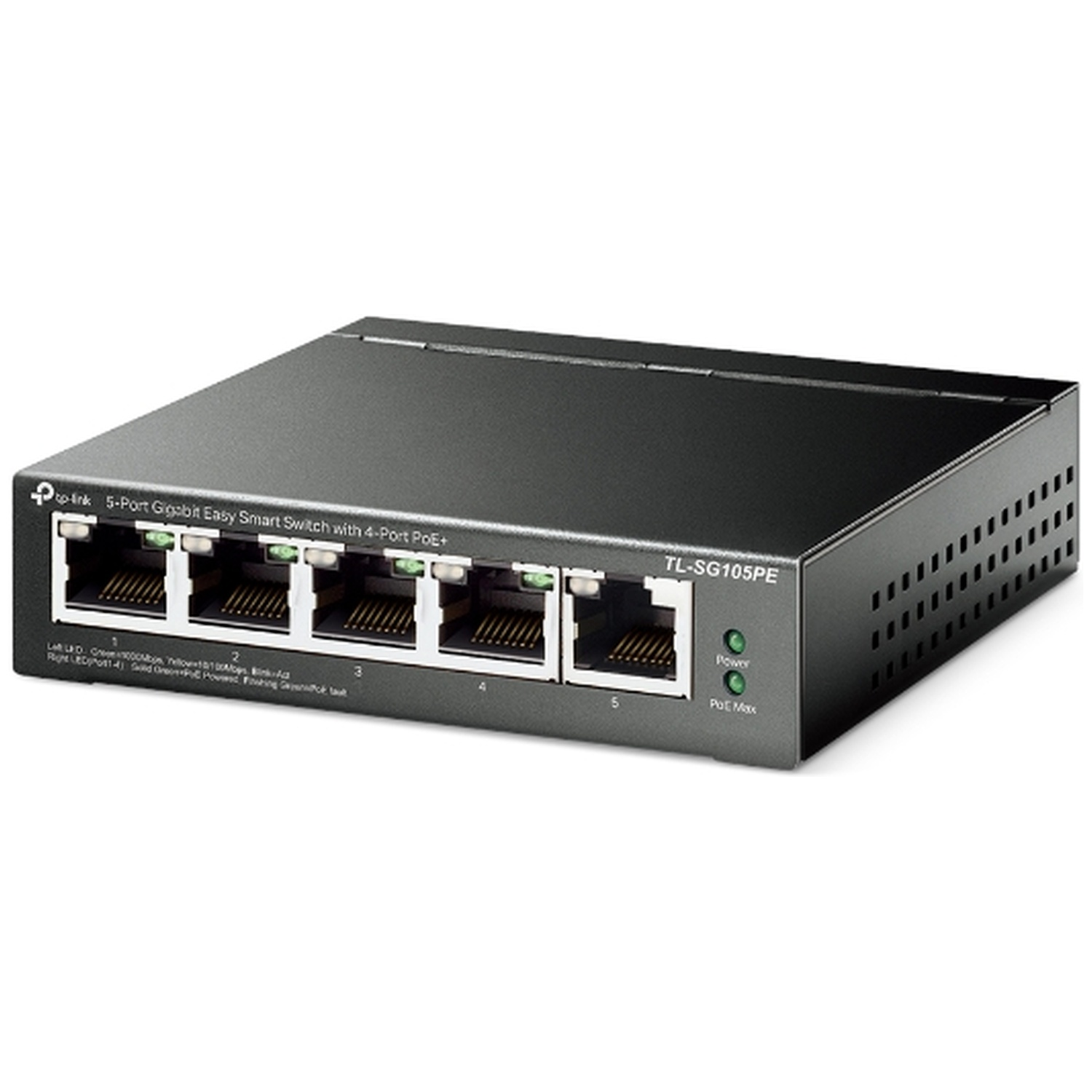 Een zwarte TP-Link 5-poorts Gigabit Smart Switch met 4 PoE+ poorten.