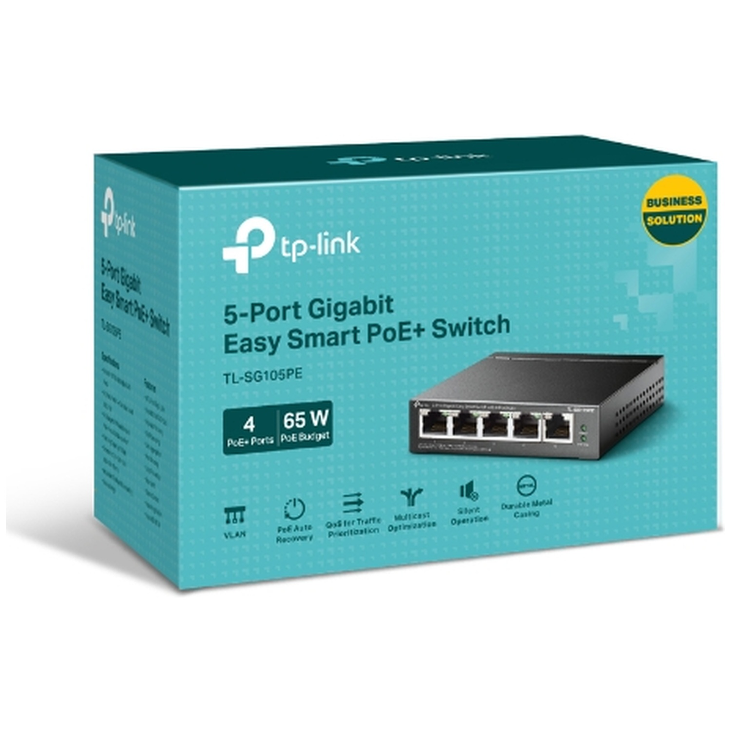TP-Link 5-Port Gigabit Easy Smart PoE+ Switch verpakking met productafbeelding.