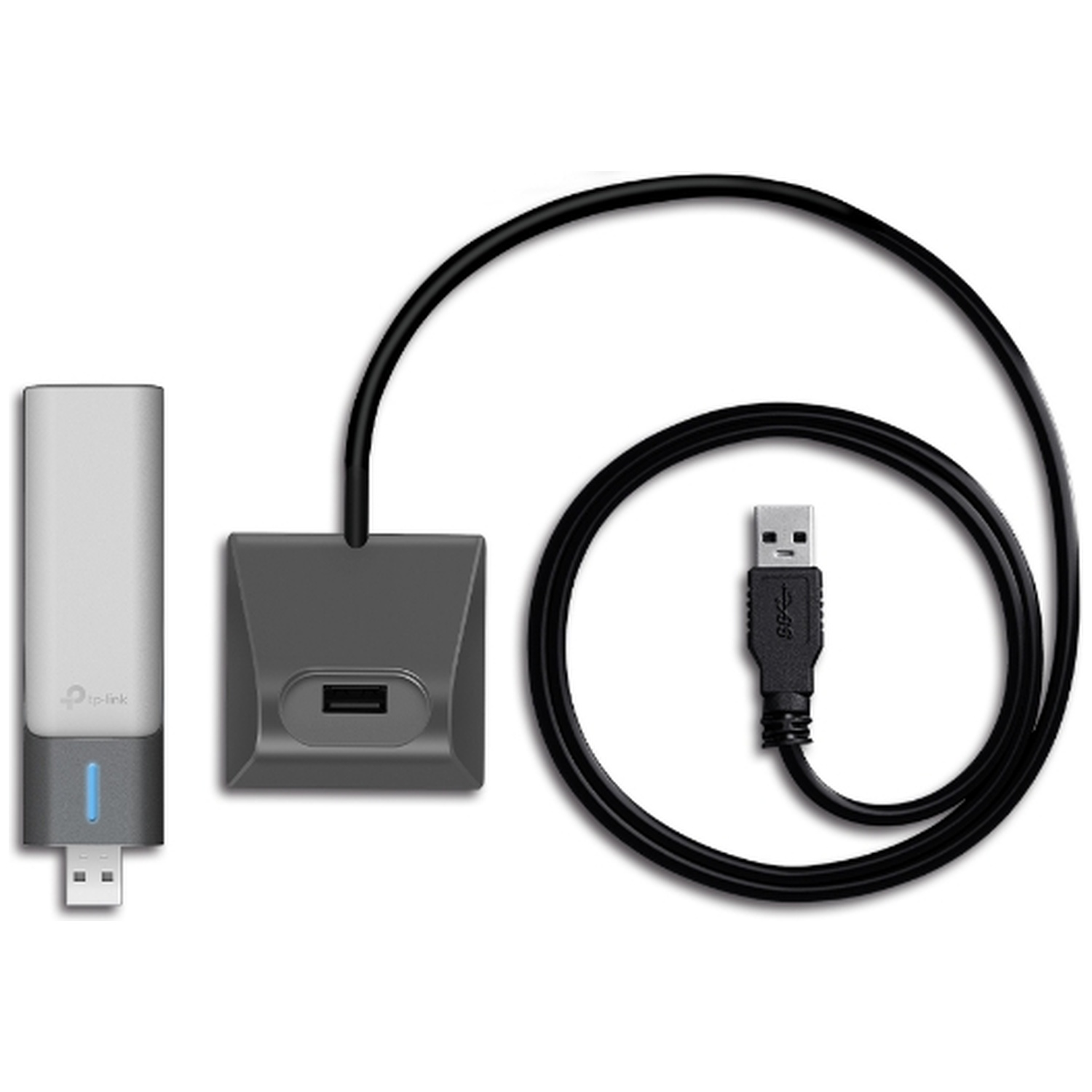 Een zilveren USB Wi-Fi adapter, een grijze basis en een zwarte USB-kabel.