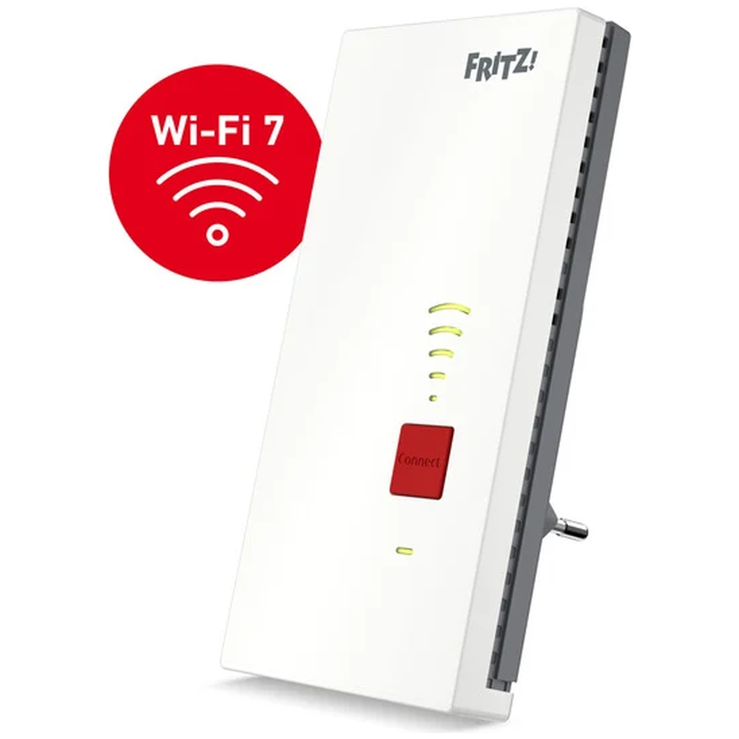 Een witte FRITZ!Box Wi-Fi-versterker met rode Connect-knop en Wi-Fi 7-logo.