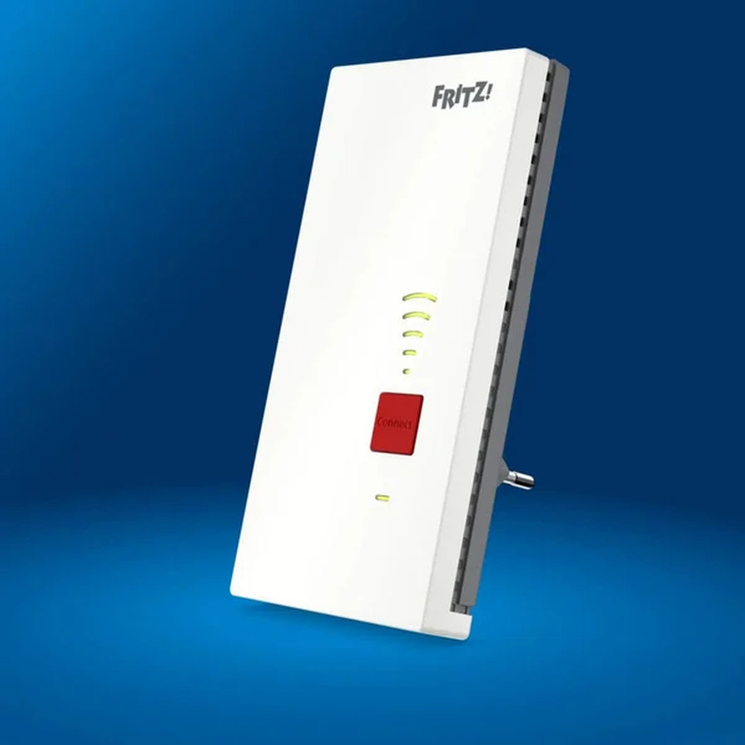Een witte Fritz!Box repeater met rode knop en Wi-Fi-symbolen op blauwe achtergrond.