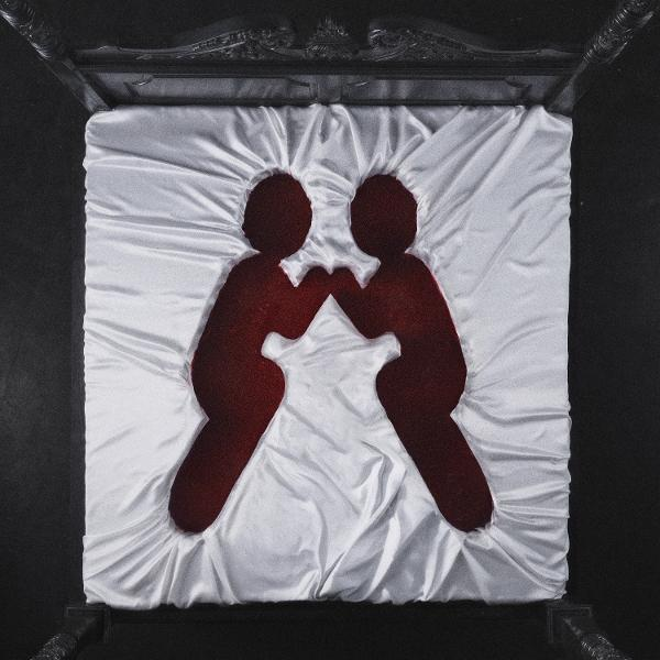 Zwei rote Silhouetten halten Händchen auf einem weißen Bett.