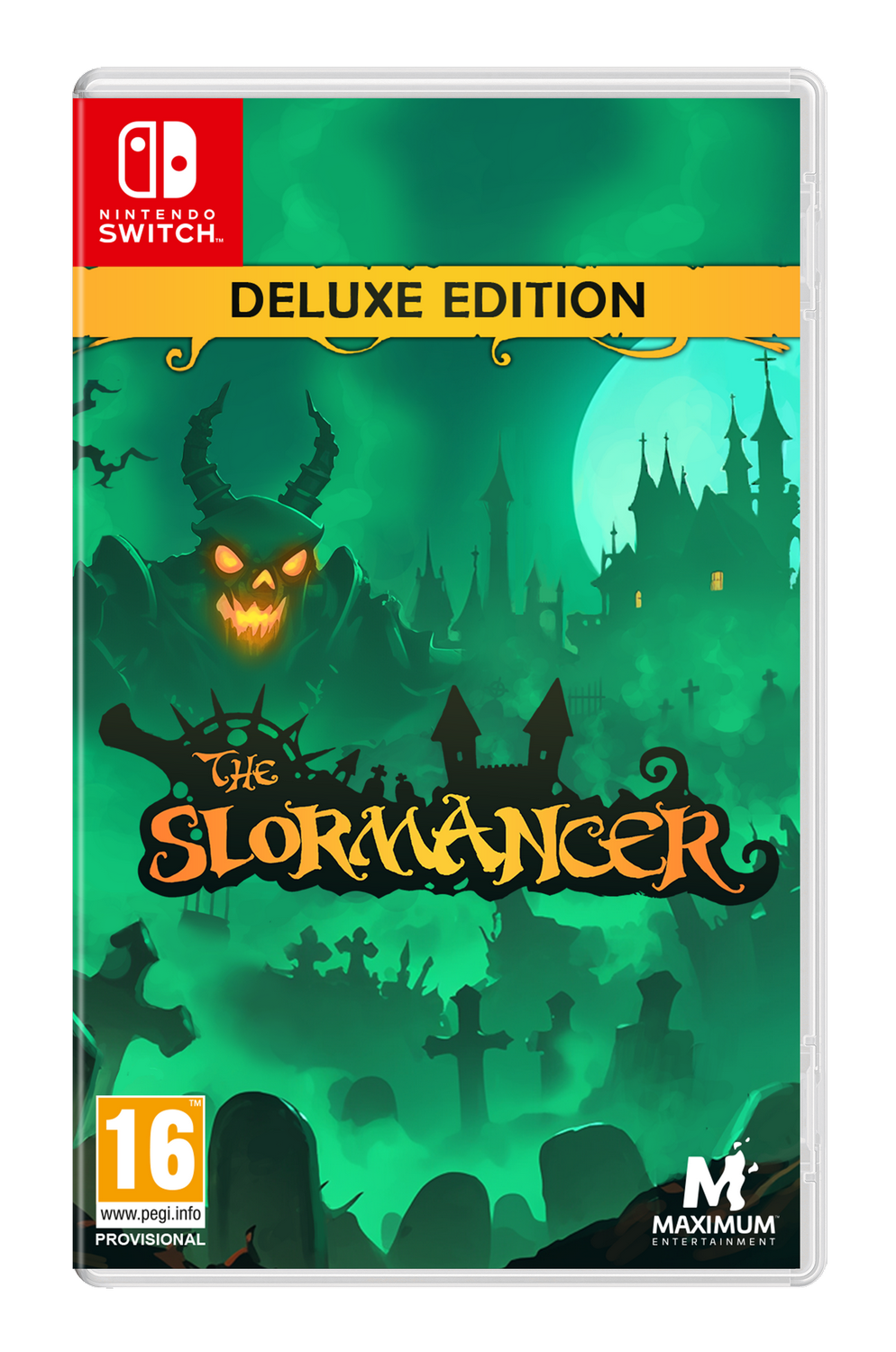 Caja de juego de Nintendo Switch: "The Slormancer Deluxe Edition" con castillo espeluznante y demonio.