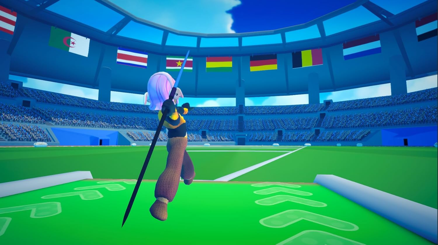 Eine Figur mit lila Haaren steht auf einem grünen Spielfeld in einem Stadion voller Zuschauer.