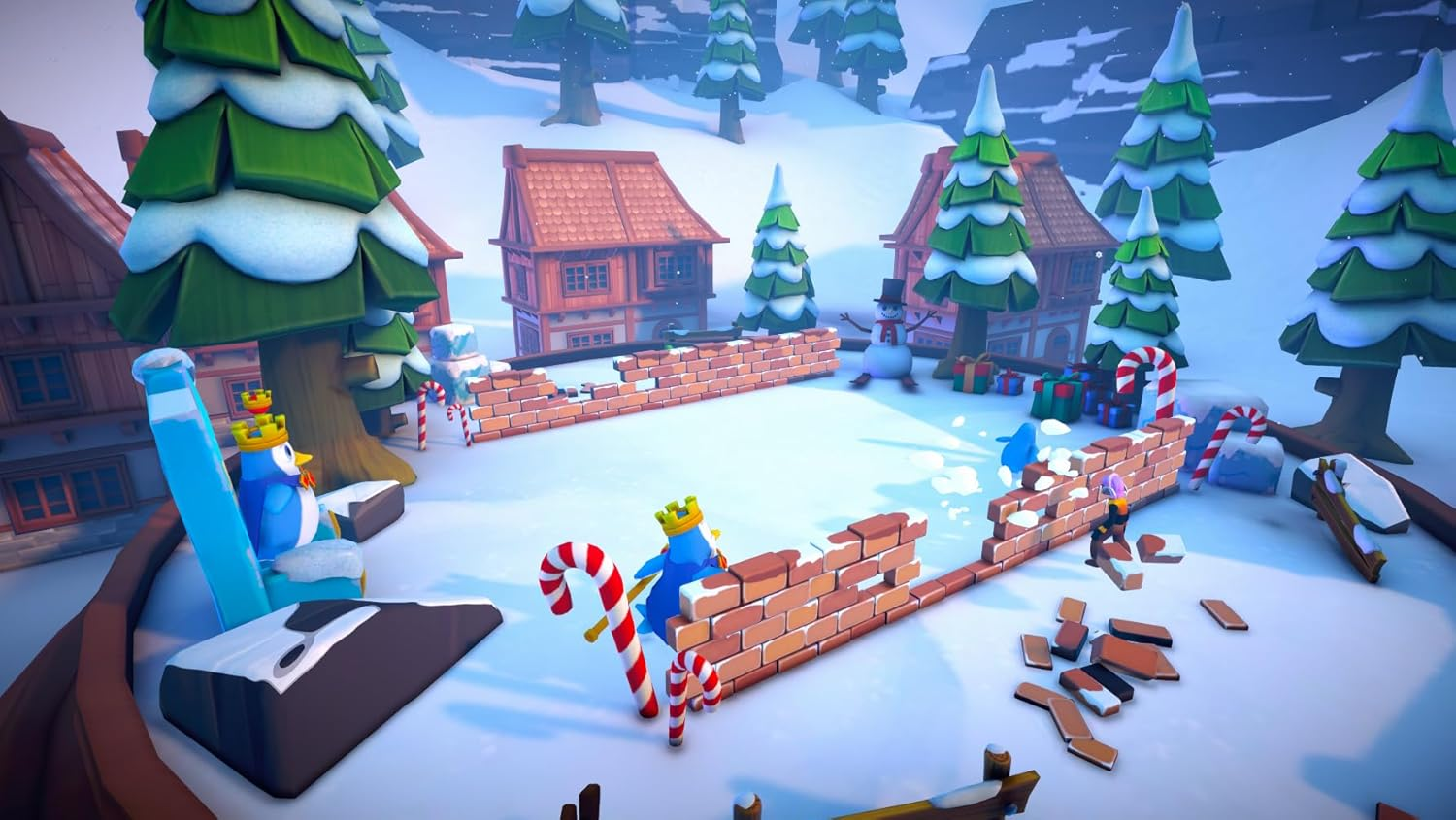 Eine verschneite Winterlandschaft mit Zeichentrickfiguren, Häusern und zerbrochenen Mauern.