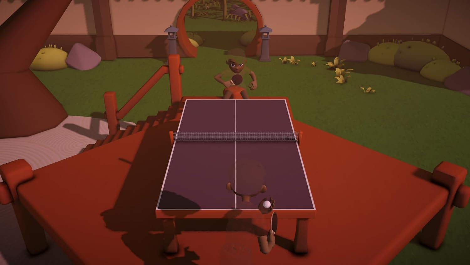 Zwei Zeichentrickfiguren spielen Tischtennis in einem Garten mit bunten Felsen und Pflanzen.