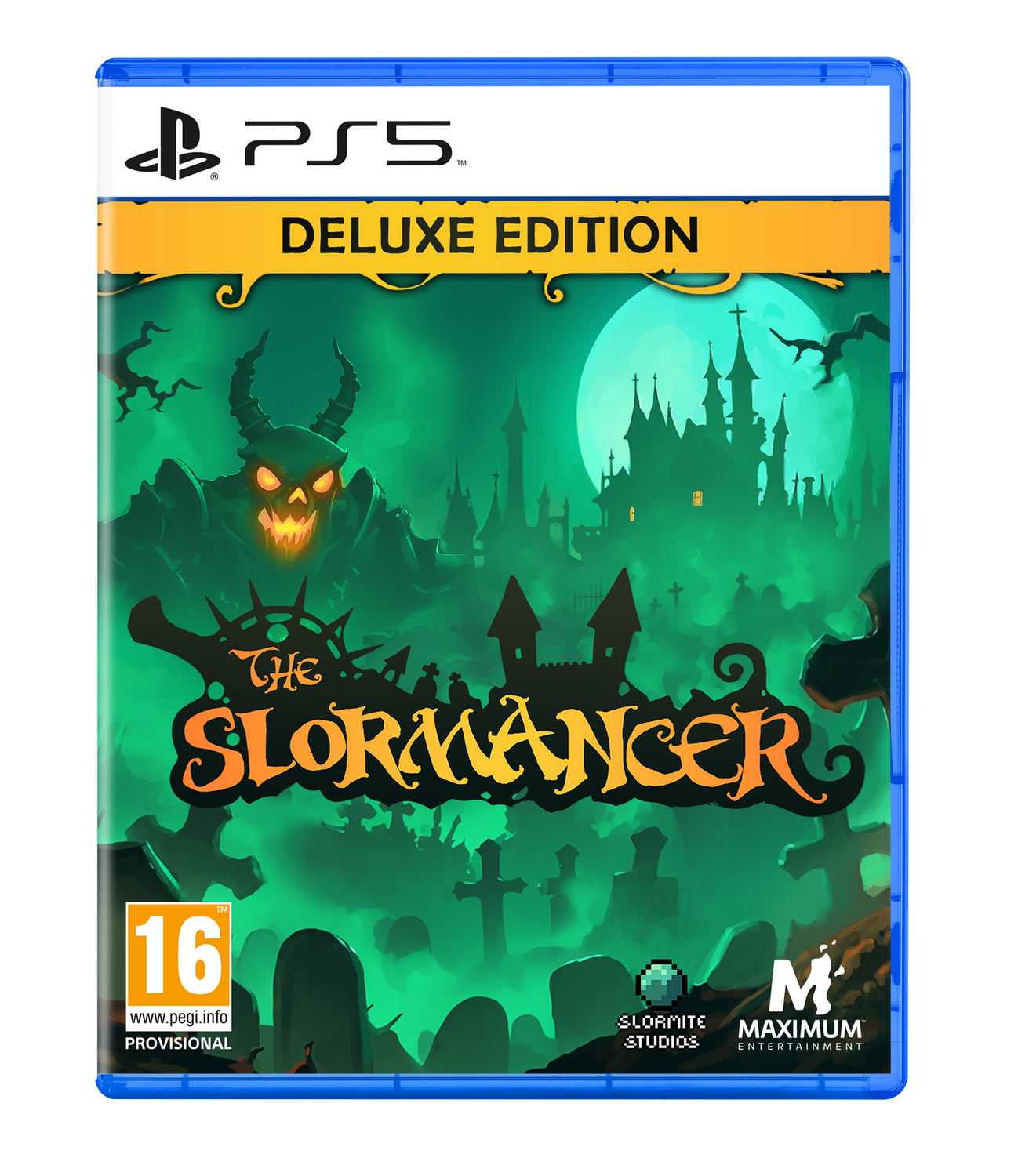 Edición Deluxe PS5: Caja del juego The Slormancer con monstruo, castillo y cementerio.