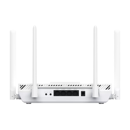 Vista trasera de un router blanco con cuatro antenas, puertos LAN y entrada de alimentación.