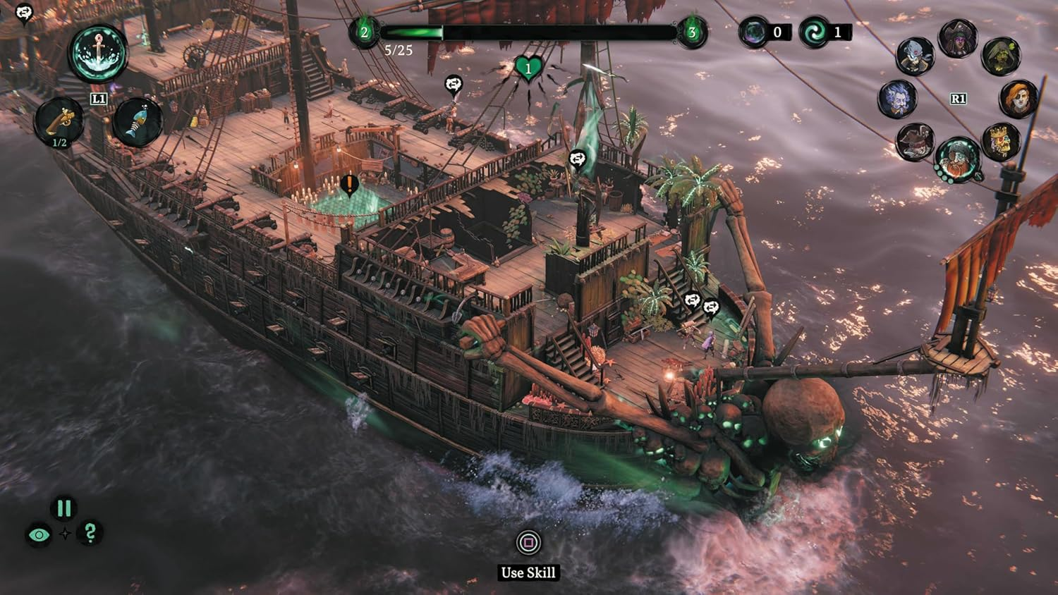 Ein düsteres Piratenschiff segelt auf dunklen, unruhigen Gewässern mit leuchtend grünen Akzenten.