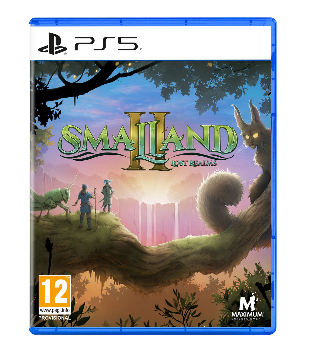 Portada de juego PS5 muestra un mundo de fantasía con dos figuras en una rama, un saltamontes y un gato.