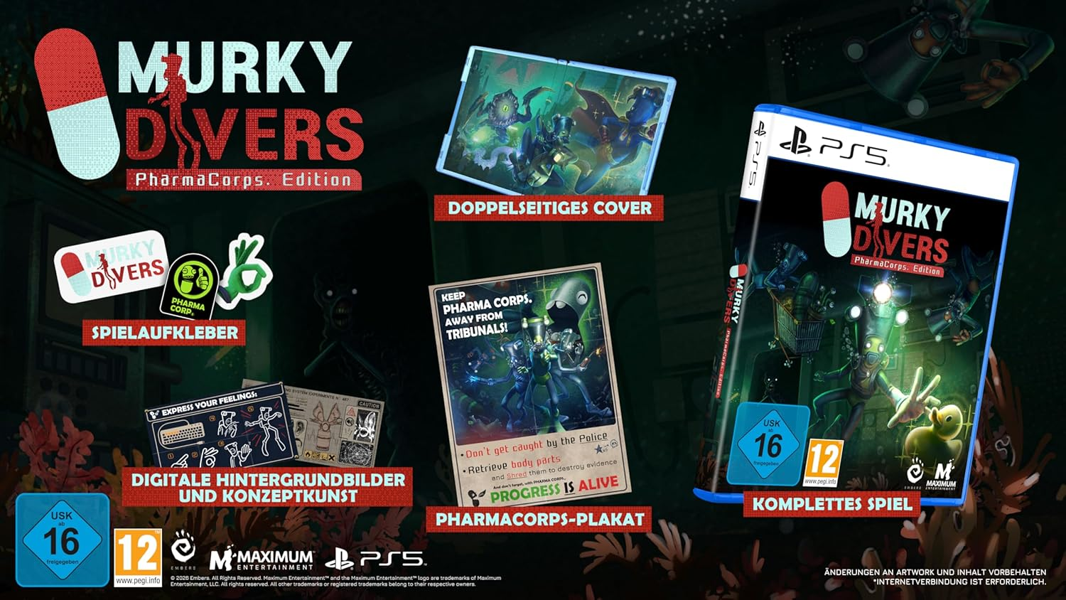 Spielverpackung, Aufkleber, Cover und Poster für 'Murky Divers: PharmaCorps. Edition' auf PS5.