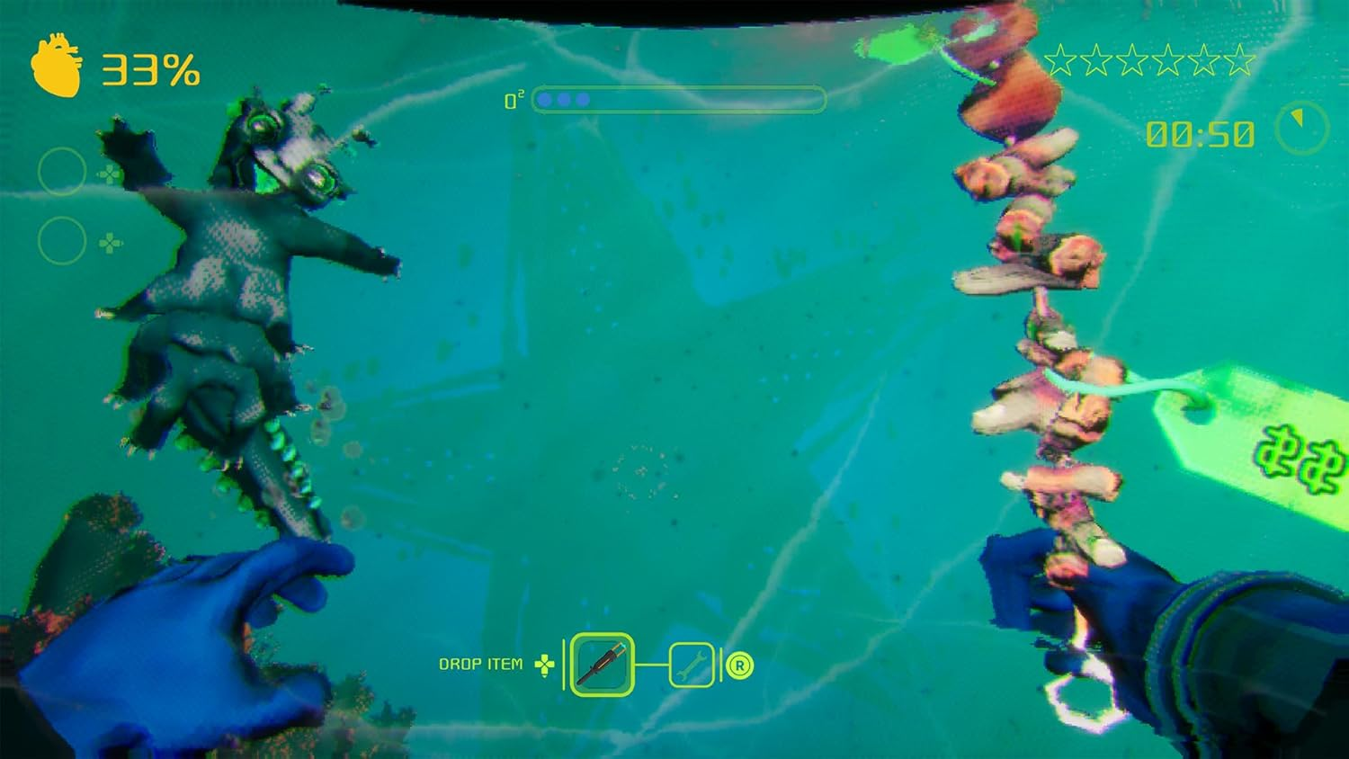 Ein Spielcharakter hält eine Kette von Knochen in einer Unterwasserwelt. 33% sind sichtbar.