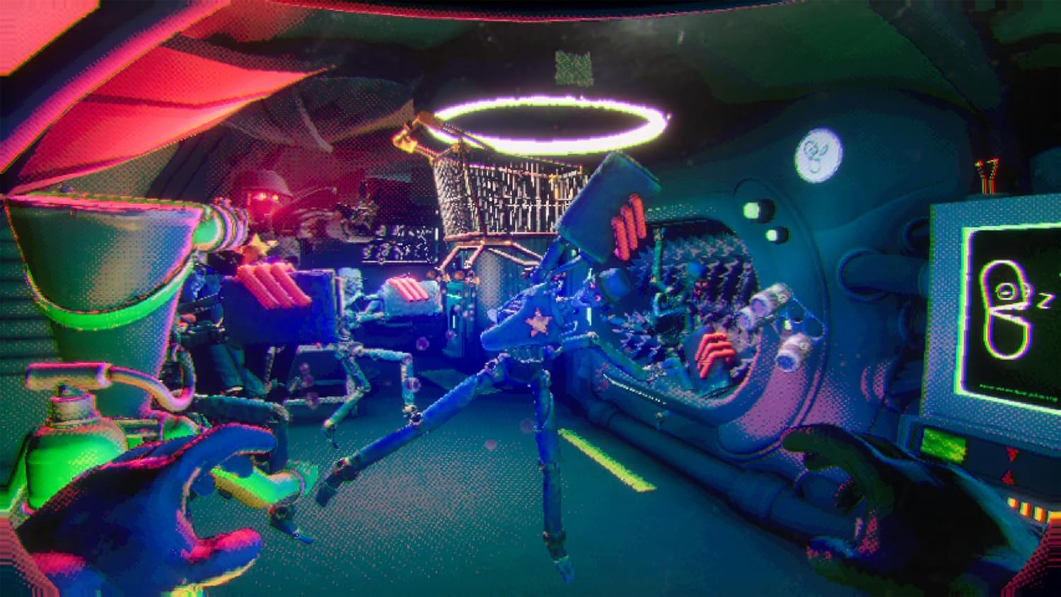 Ein blauer Roboter mit leuchtenden Augen steht in einem futuristischen Raum.
