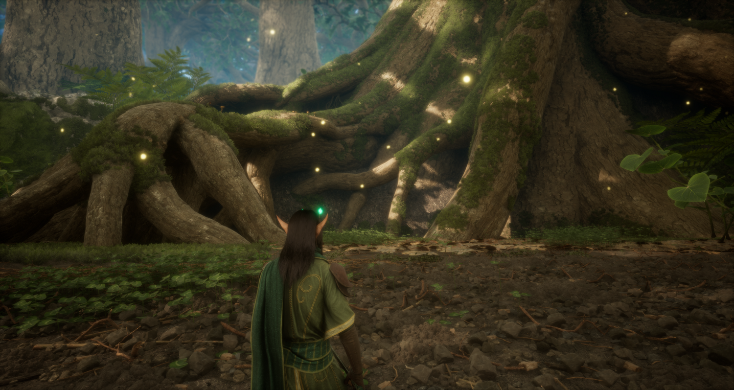 Elfo con atuendo verde mira un árbol gigante cubierto de musgo con orbes brillantes en un bosque.