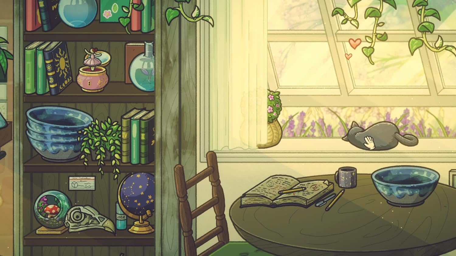 Ein Regal voller Bücher und Kuriositäten, ein Tisch mit Büchern, eine Katze auf einem Fensterbrett.