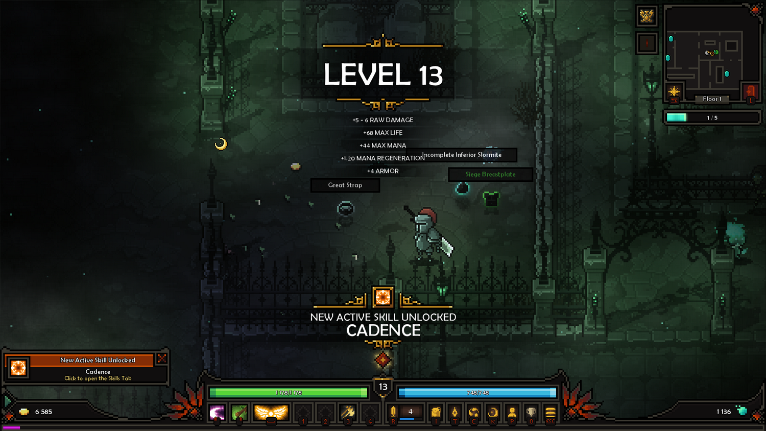 Jugador en el nivel 13 con la habilidad "Cadence" desbloqueada en un entorno oscuro.