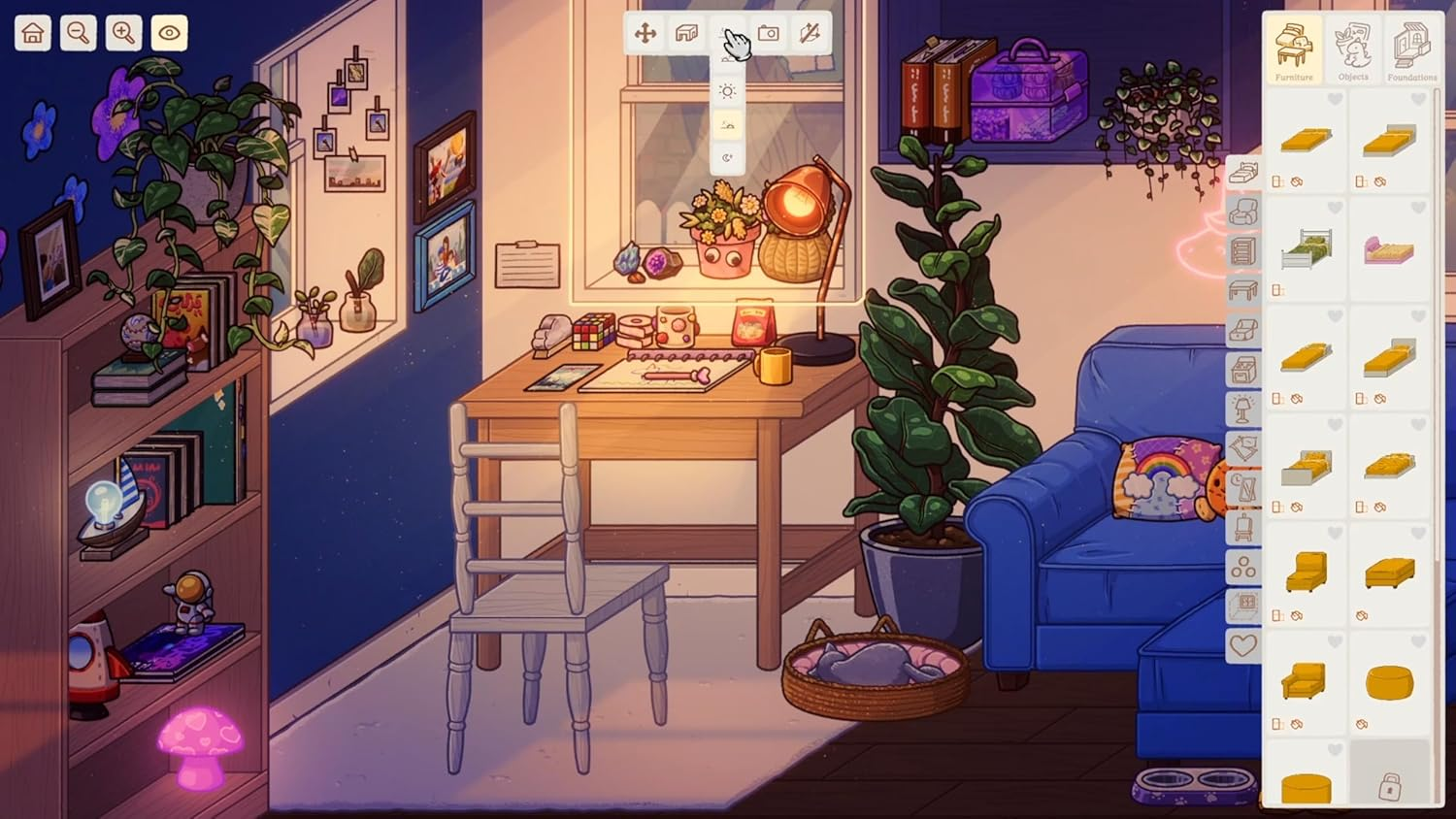 Gemütliches Zimmer mit Schreibtisch, Sofa, Bücherregal, Fenster und Möbel-UI.