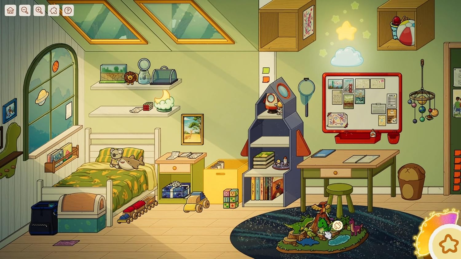 Kinderzimmer mit Bett, Schreibtisch, Raketenregal und Spielzeug. Sonniger Tag.