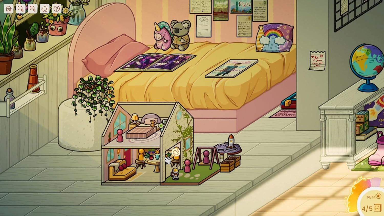 Ein stilvolles Schlafzimmer mit einem Puppenhaus und Spielzeug im Vordergrund.