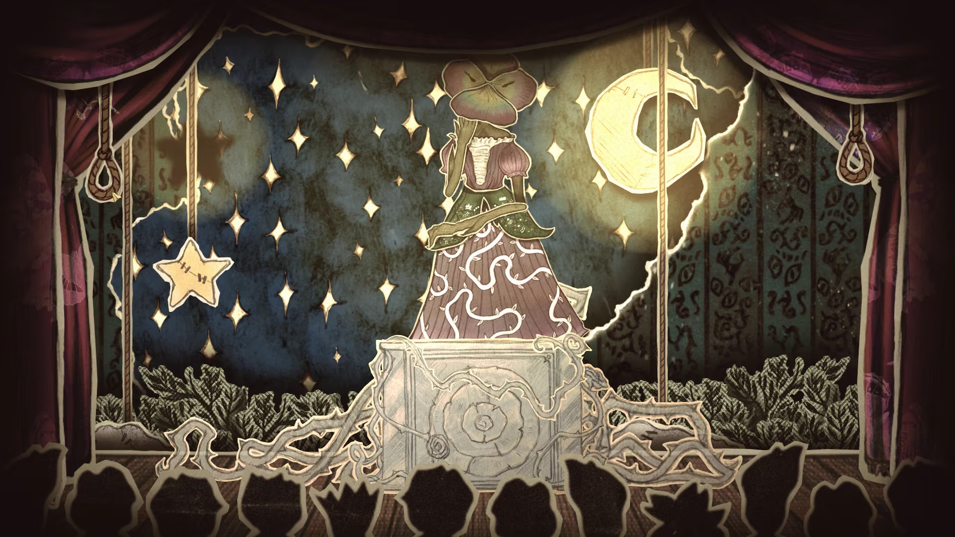 Eine Figur in einem Kleid steht auf einem Podest vor einem Sternenhimmel mit Mond.