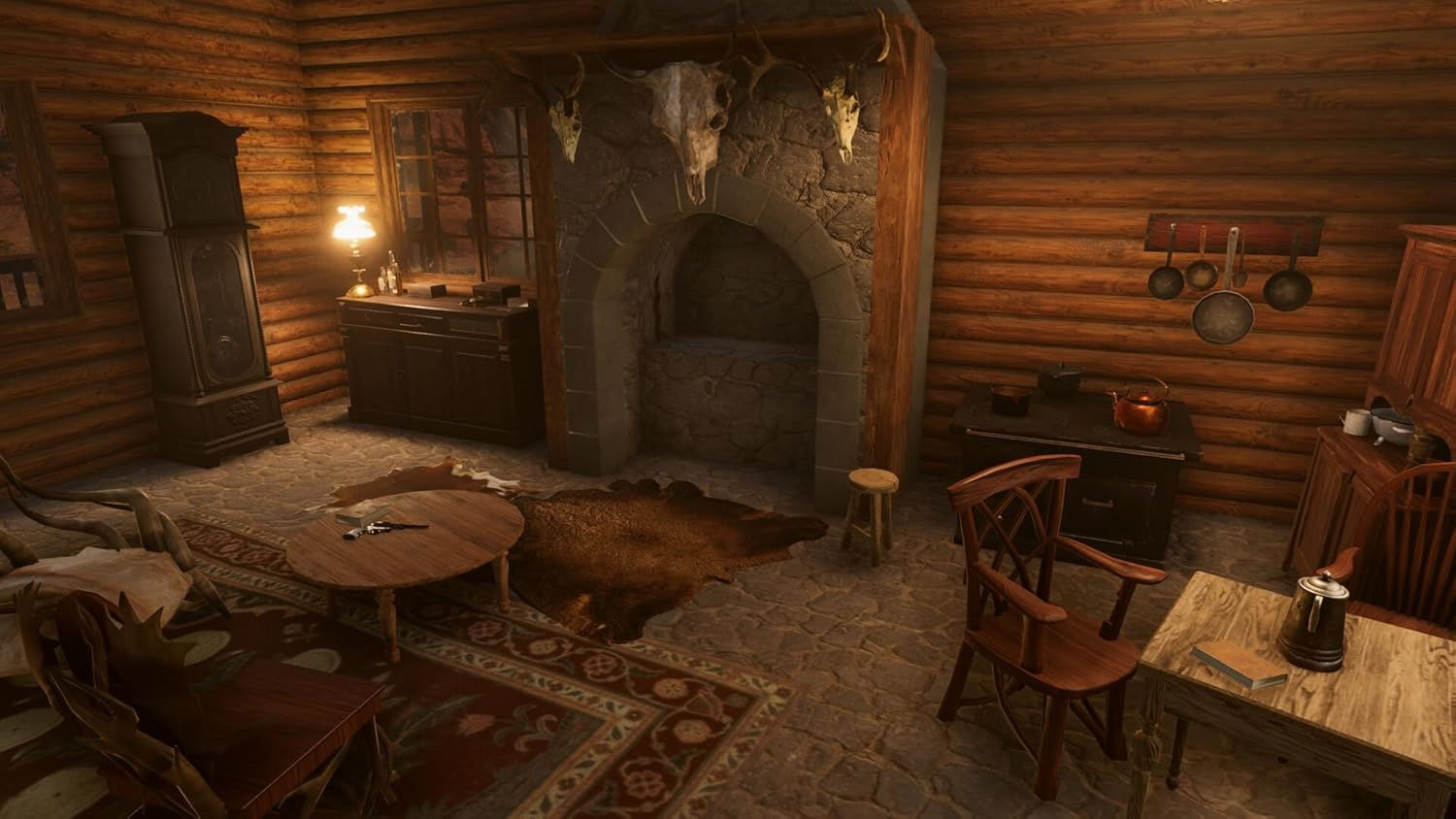 Ein rustikales Wohnzimmer mit einem Kamin, Uhrenschrank, Tisch und Stühlen.