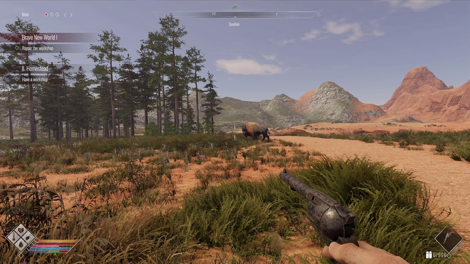 Ein Bison steht in einer felsigen Landschaft mit Bäumen und Bergen.