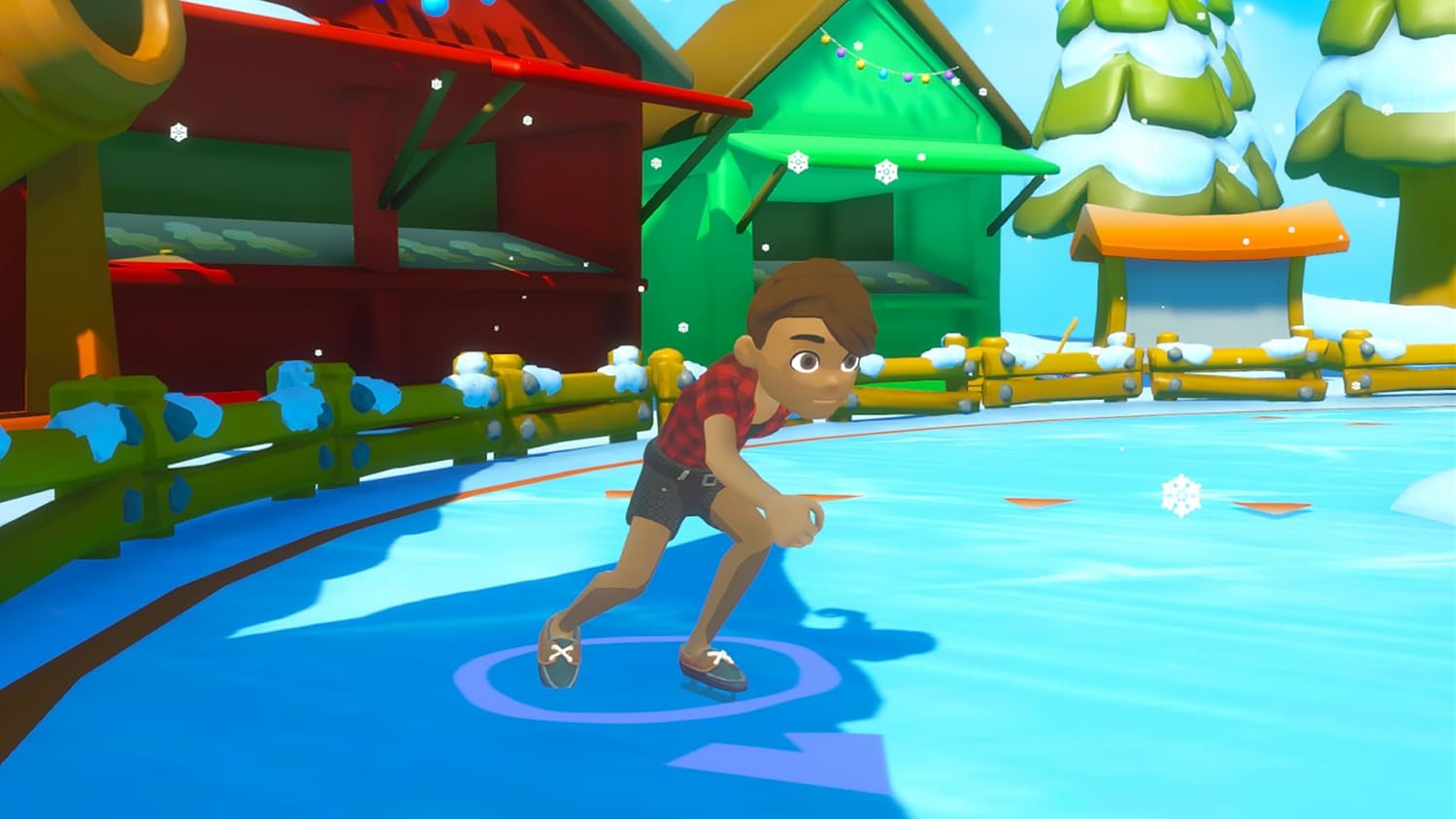 Ein Junge in kariertem Hemd auf einer Eisbahn vor bunten Häusern.