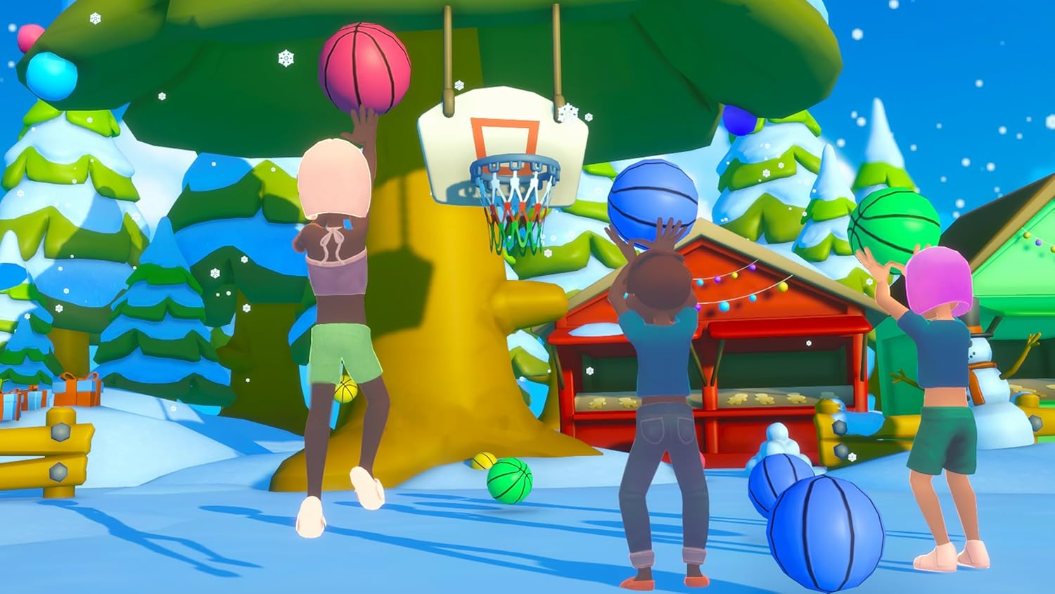 Vier Cartoon-Kinder spielen Basketball in verschneiter, festlicher Außenkulisse mit Bäumen.