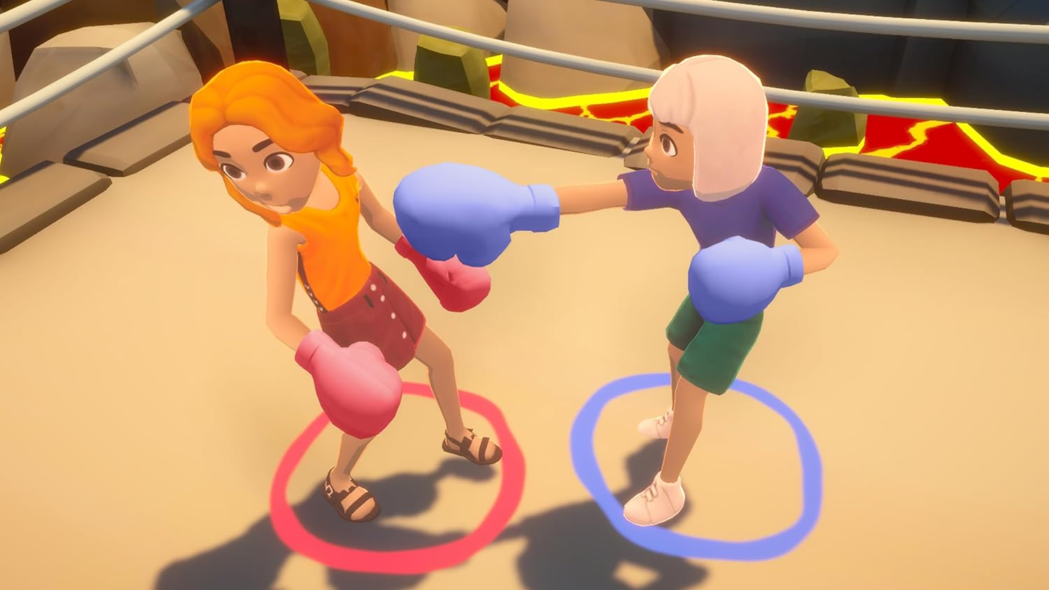 Zwei Mädchen in Boxhandschuhen boxen in einem Ring mit Lava im Hintergrund.