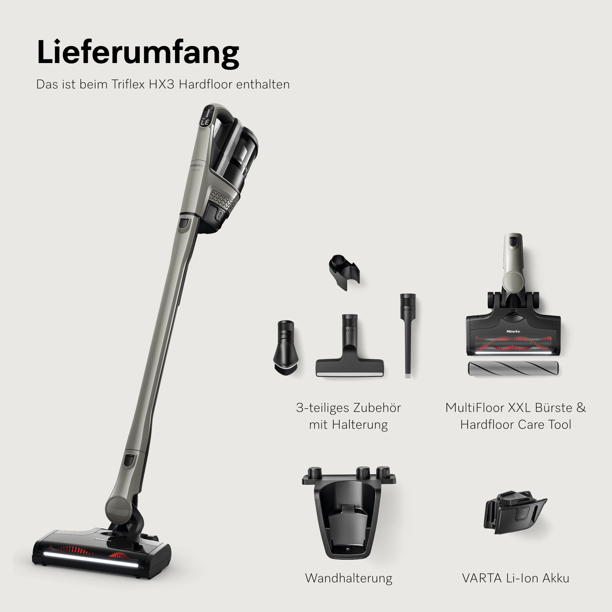 Staubsauger und Zubehör: Triflex HX3, Bürste, Akku, Wandhalterung.