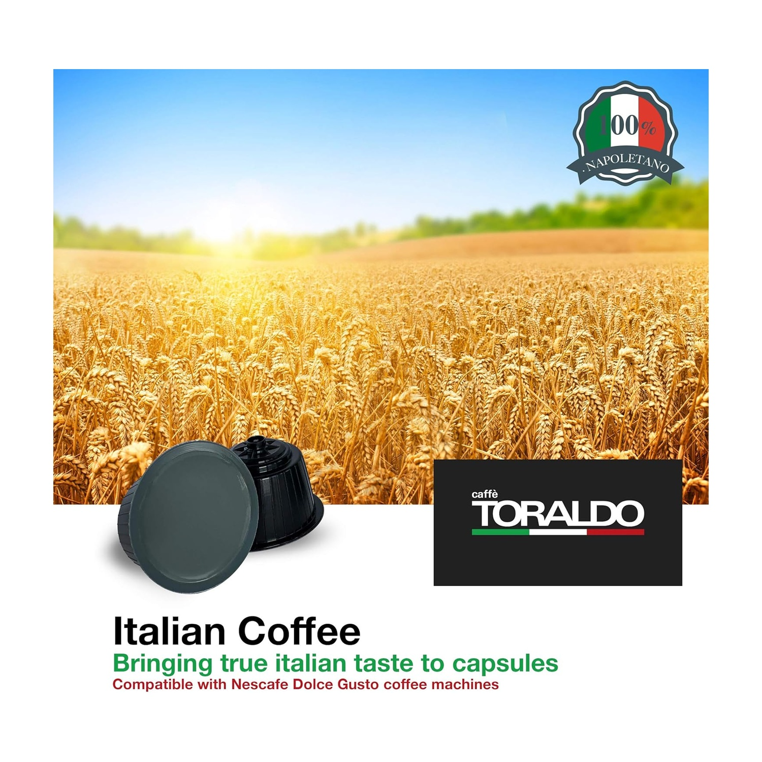 Campo di grano dorato sotto cielo azzurro, con capsule caffè e logo Toraldo.