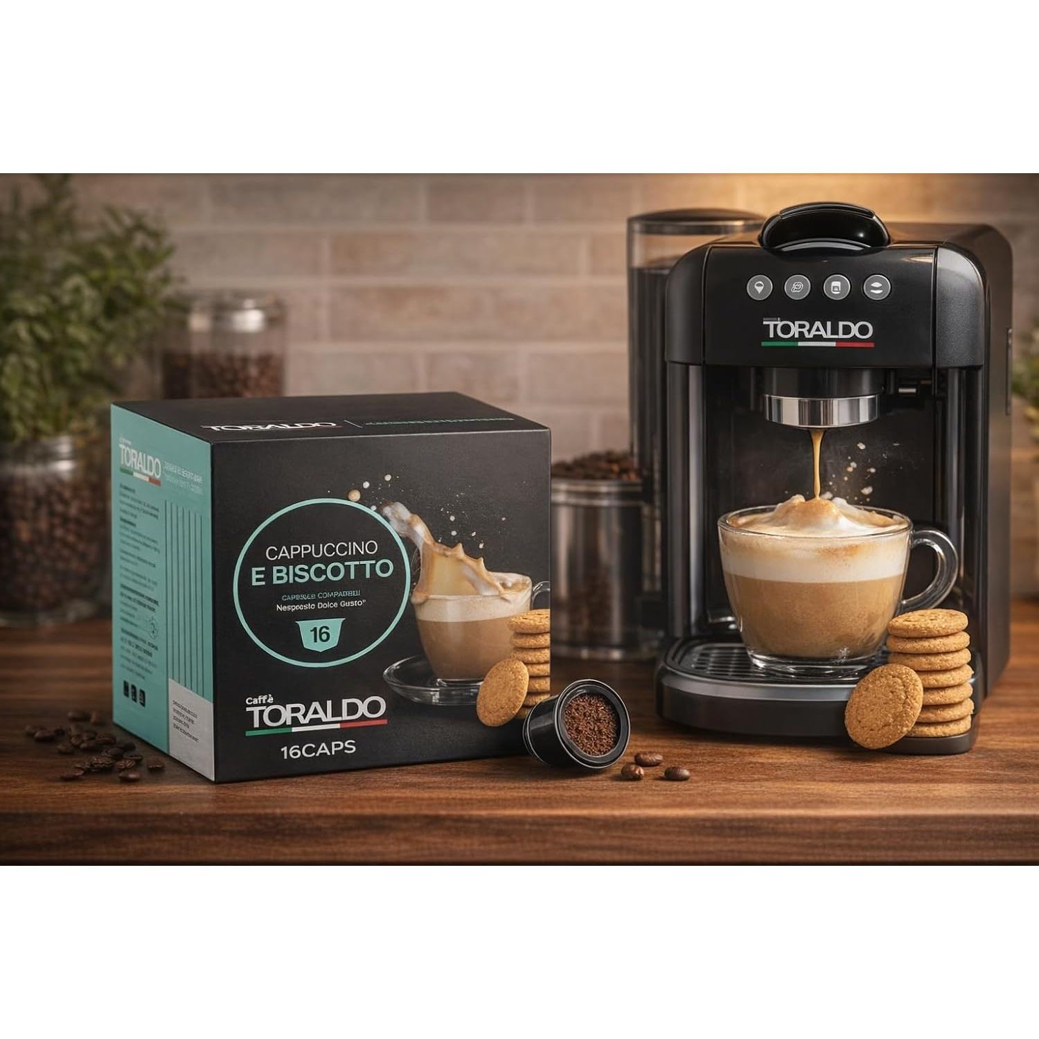 Una macchina da caffè prepara un cappuccino in una tazza, accanto una scatola e biscotti.