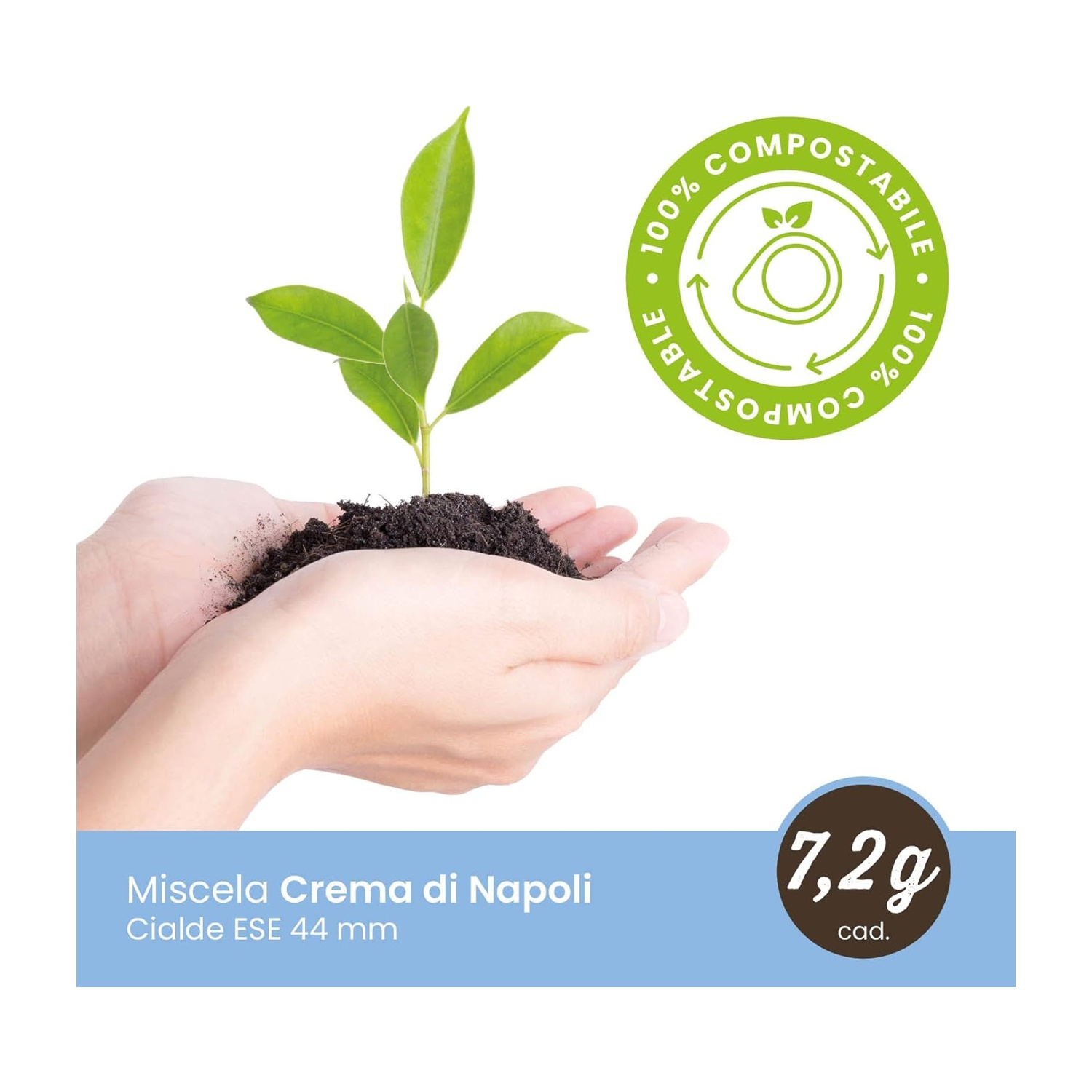 Mani che tengono terra con piantina. Sinistra: logo 100% compostabile.