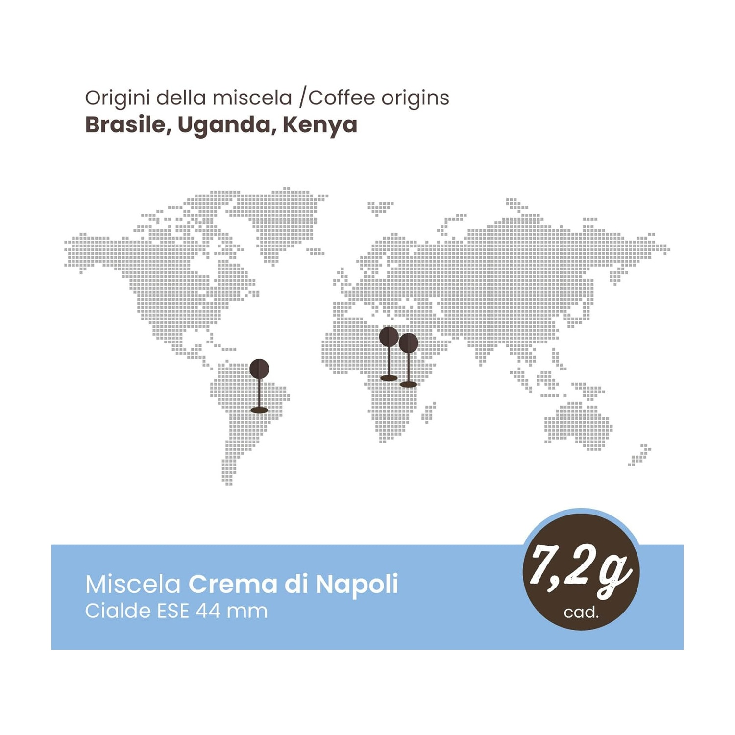 Mappa del mondo con indicatori di origine caffè: Brasile, Uganda, Kenya. 7,2g.
