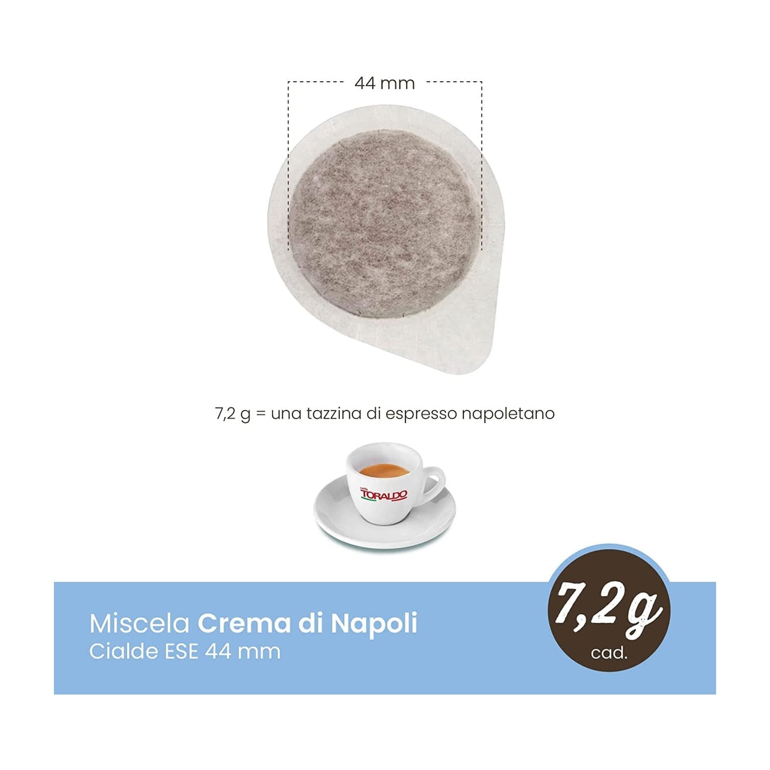 Cialda caffè, 44 mm. Una tazzina di espresso napoletano, 7,2 g.