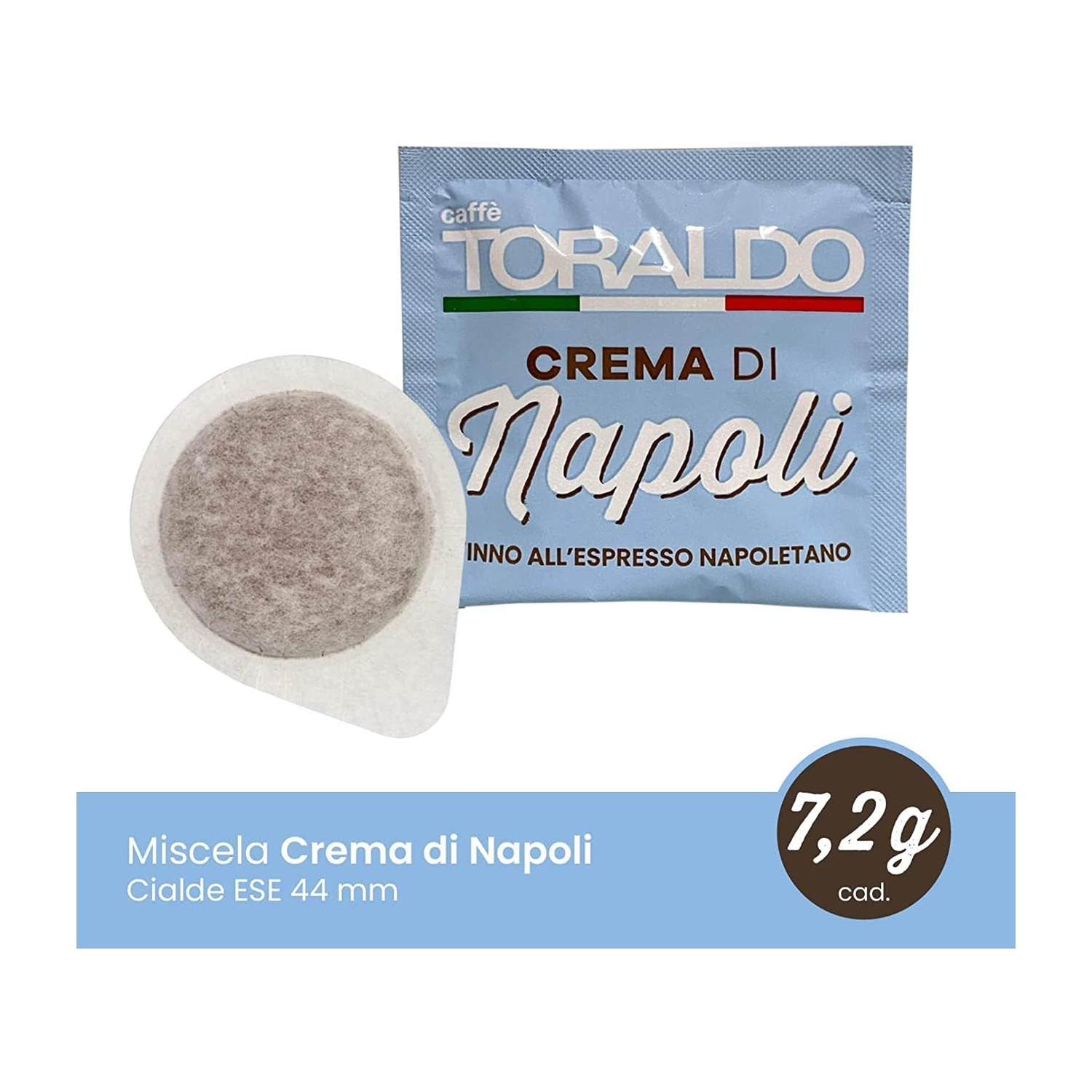 Una bustina di caffè e una cialda con la scritta 'Toraldo Crema di Napoli'.