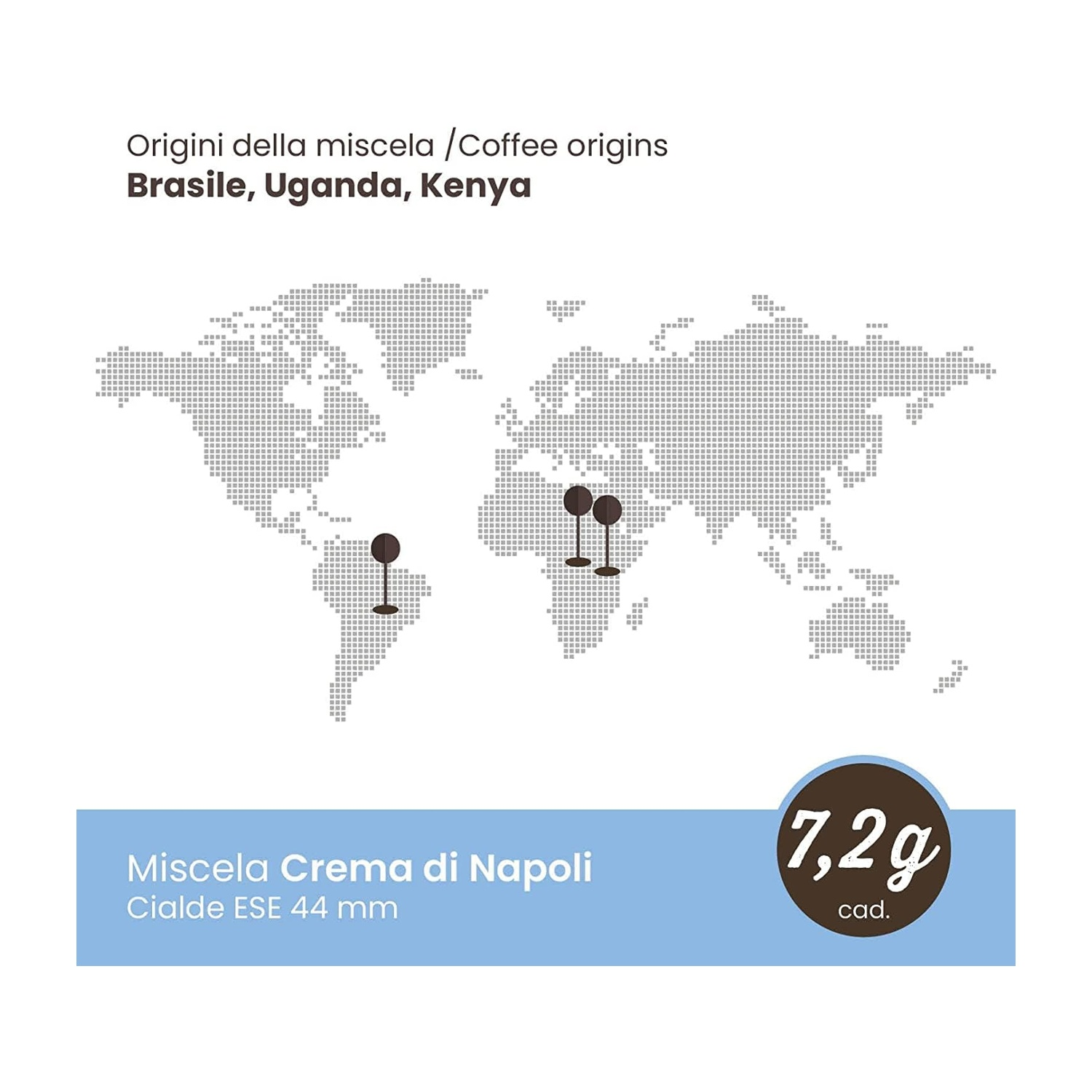 Mappa del mondo con punti che mostrano origini di caffè in Brasile, Uganda e Kenya.