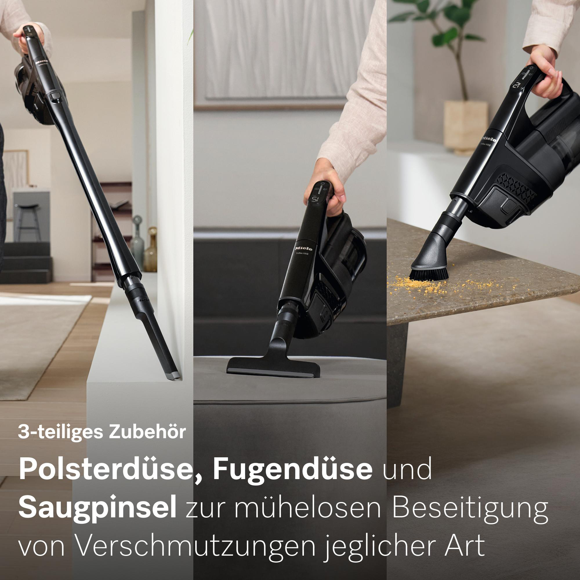 Schwarz Miele Akku-Staubsauger mit drei Aufsätzen: Polsterdüse, Fugendüse, Saugpinsel.