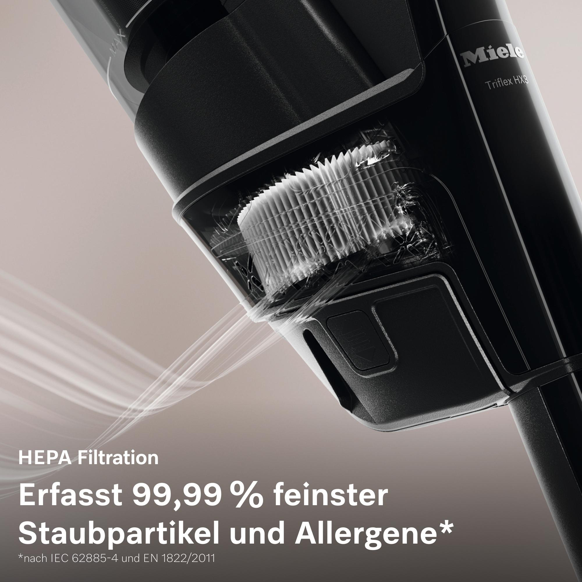 Nahaufnahme eines schwarzen Miele Triflex HX3 Staubsaugers mit HEPA-Filter.