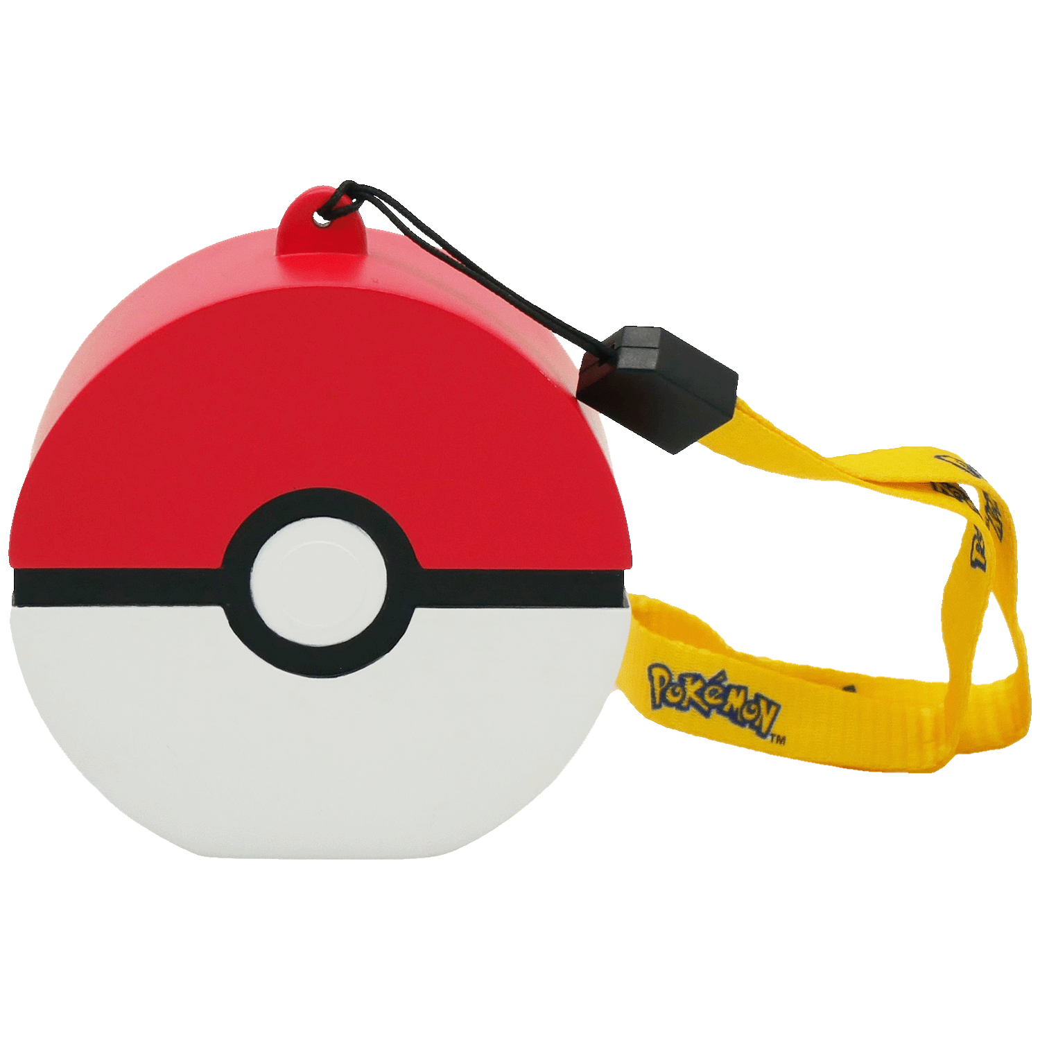 Een rode en witte Pokémon Pokeball met een gele lanyard. Zwarte band aan de bovenkant.